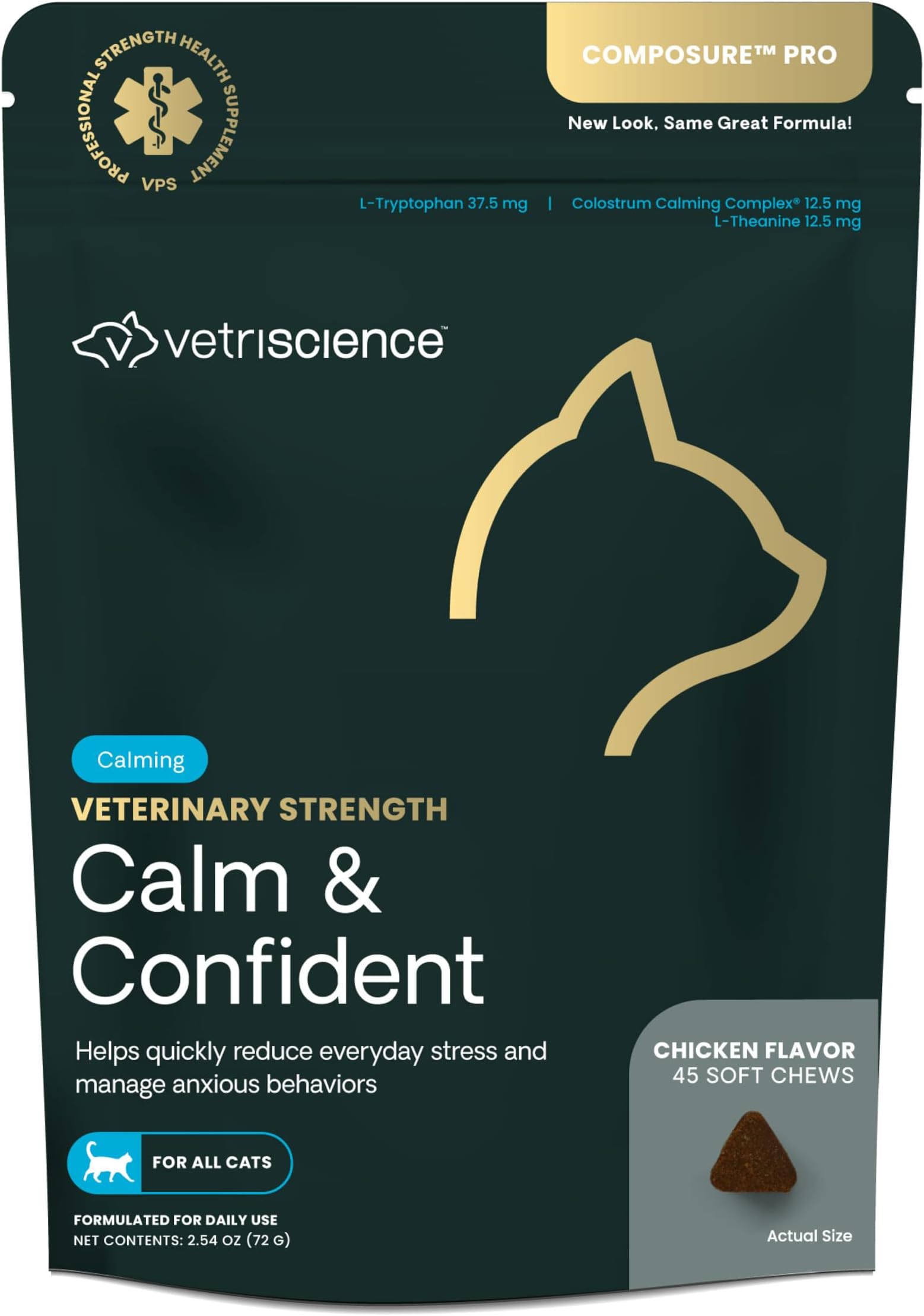 Veterinary Strength Calm & Confident Chews - Stress Supplement for Cats - Supports Brain Function for Cats - With L-Theanine, Thiamine & More - 45 Count