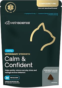 VetriScience Veterinary Strength Calm & Confident Chews - مكمل غذائي لتخفيف التوتر للقطط - يدعم وظائف المخ للقطط - مع L-Theanine وThiamine والمزيد - 45 قطعة