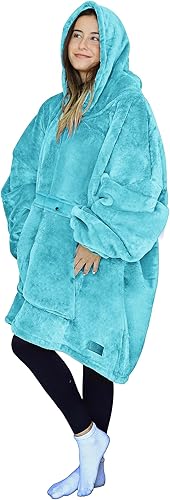 Tirrinia - Manta de tamaño grande de sherpa con capucha, cómoda, regalo para adultos, hombres, mujeres, adolescentes, esposa, novia (aqua)
