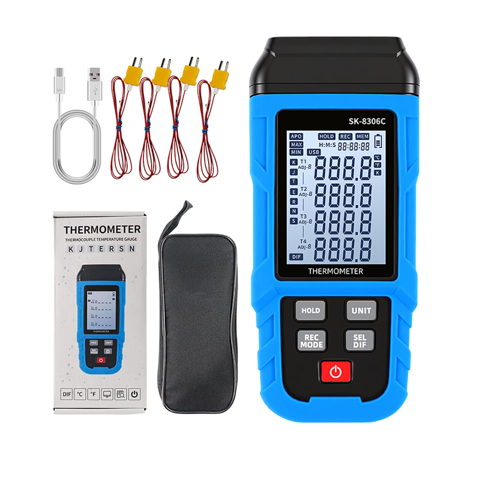 Aramox 4 Kanałowy Termometr Termoparowy Rejestrator Danych, USB Bluetooth
