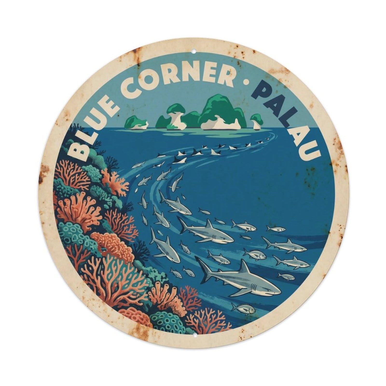 Olyhtr 8X8inch Classic Style Reef Palau Blue Corner Retro Diving Marine Travel Metal Tin Sign