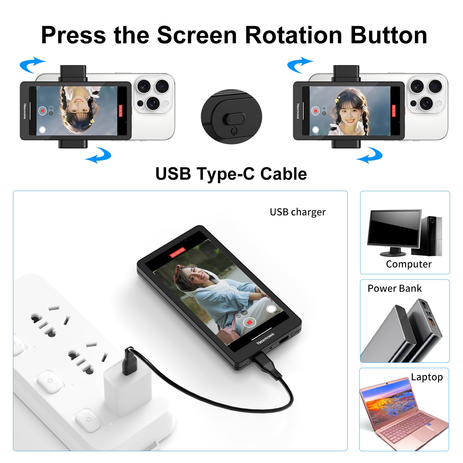 Newmowa 4.95" Teléfono Vlog Selfie Monitor Pantalla,Accesorio de Cámara Trasera del Teléfono para Teleprompter LiveStream Selfie Vlog TikTok,Compatible con iPhone(Soporta 4K 30fps Grabación con Cable)