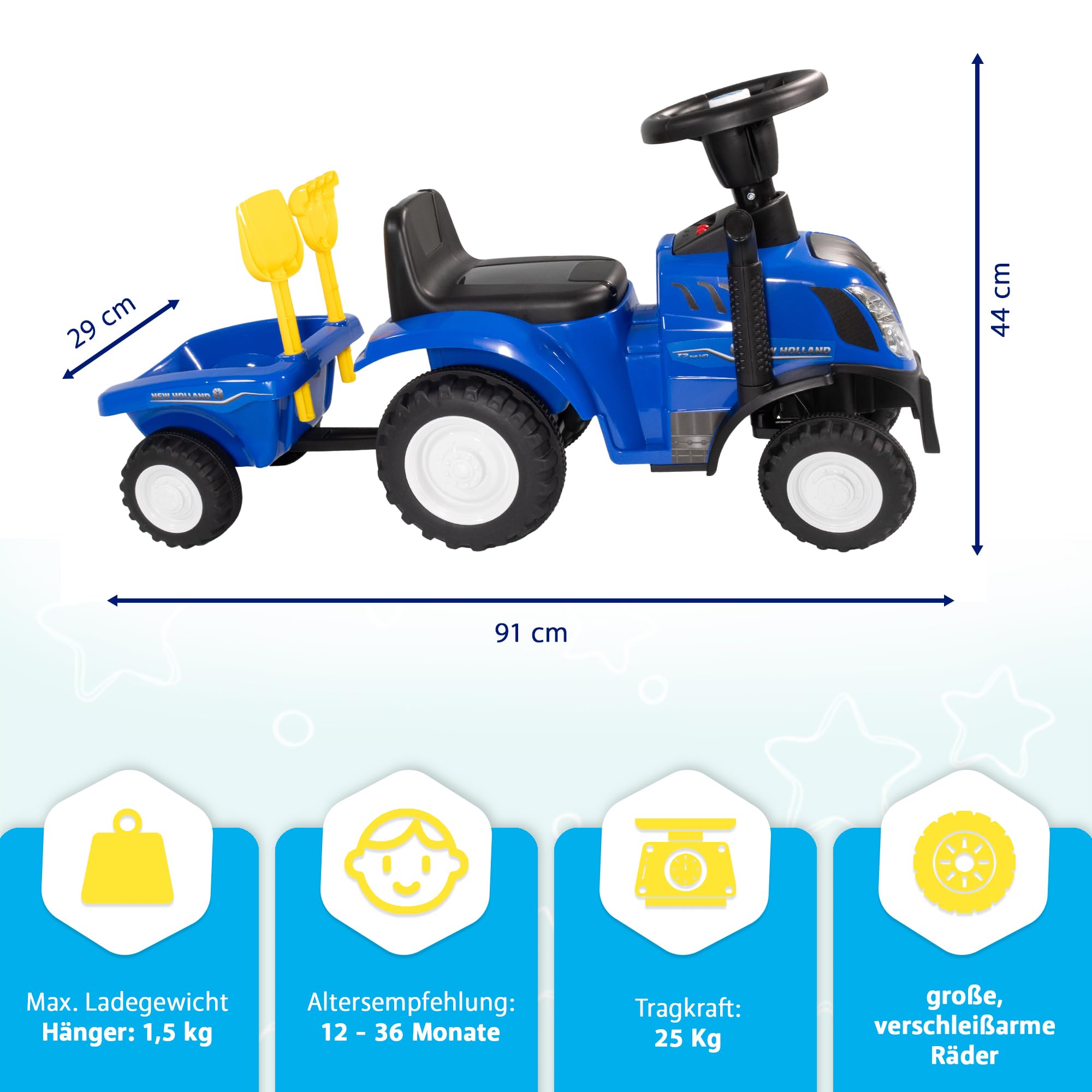 Lemodo Rutschauto Traktor New Holland blau ab 1 Jahr – Kindertraktor mit Anhänger, Schaufel & Rechen, Licht & Sound – Rutschfahrzeug für drinnen & draußen, Lizenziertes Kinderspielzeug, Geschenkidee