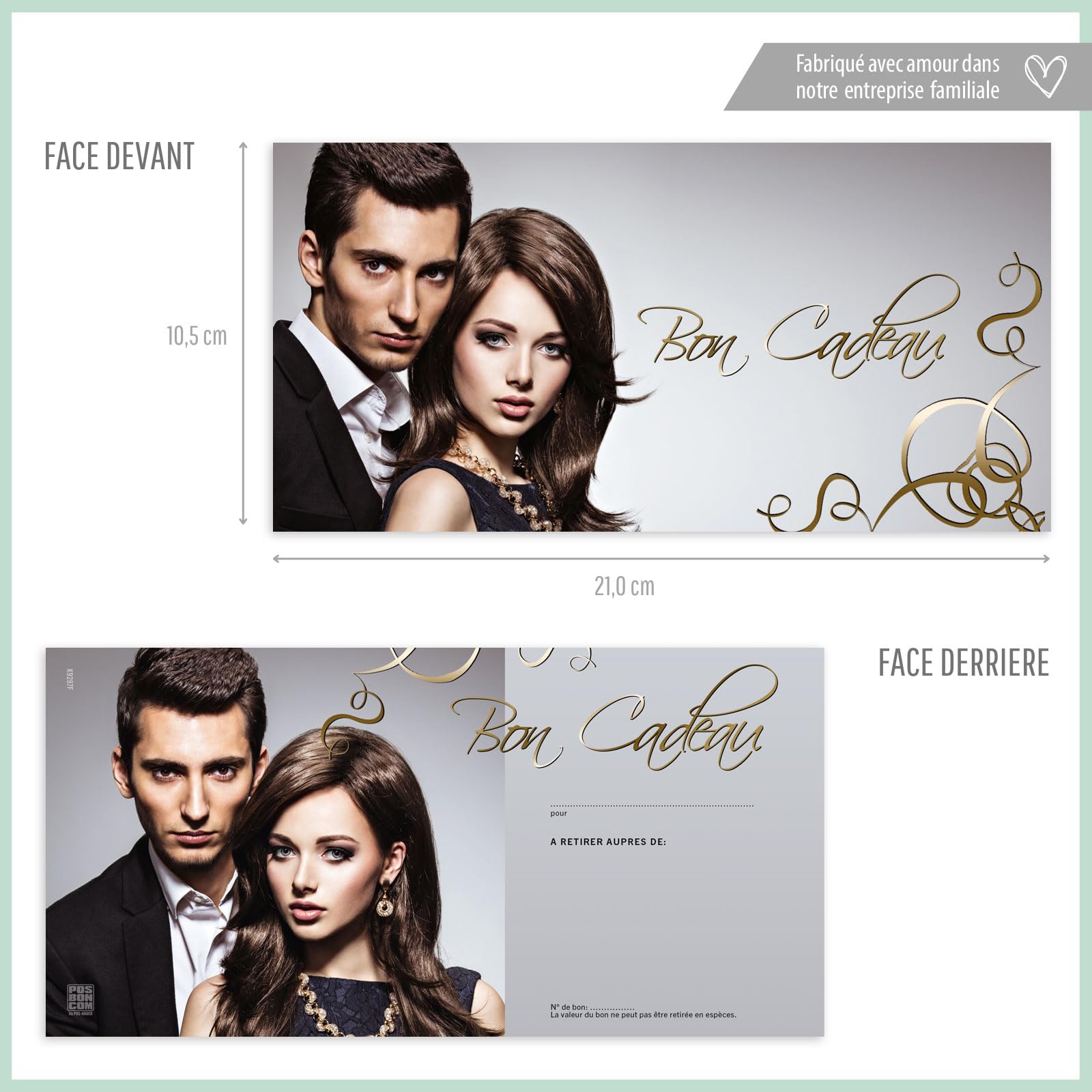 POS BON - 100 bons cadeaux à remplir avec enveloppe/nœud ruban - formulaires imprimés pour des salons de coiffure K9297F-2-100-V2