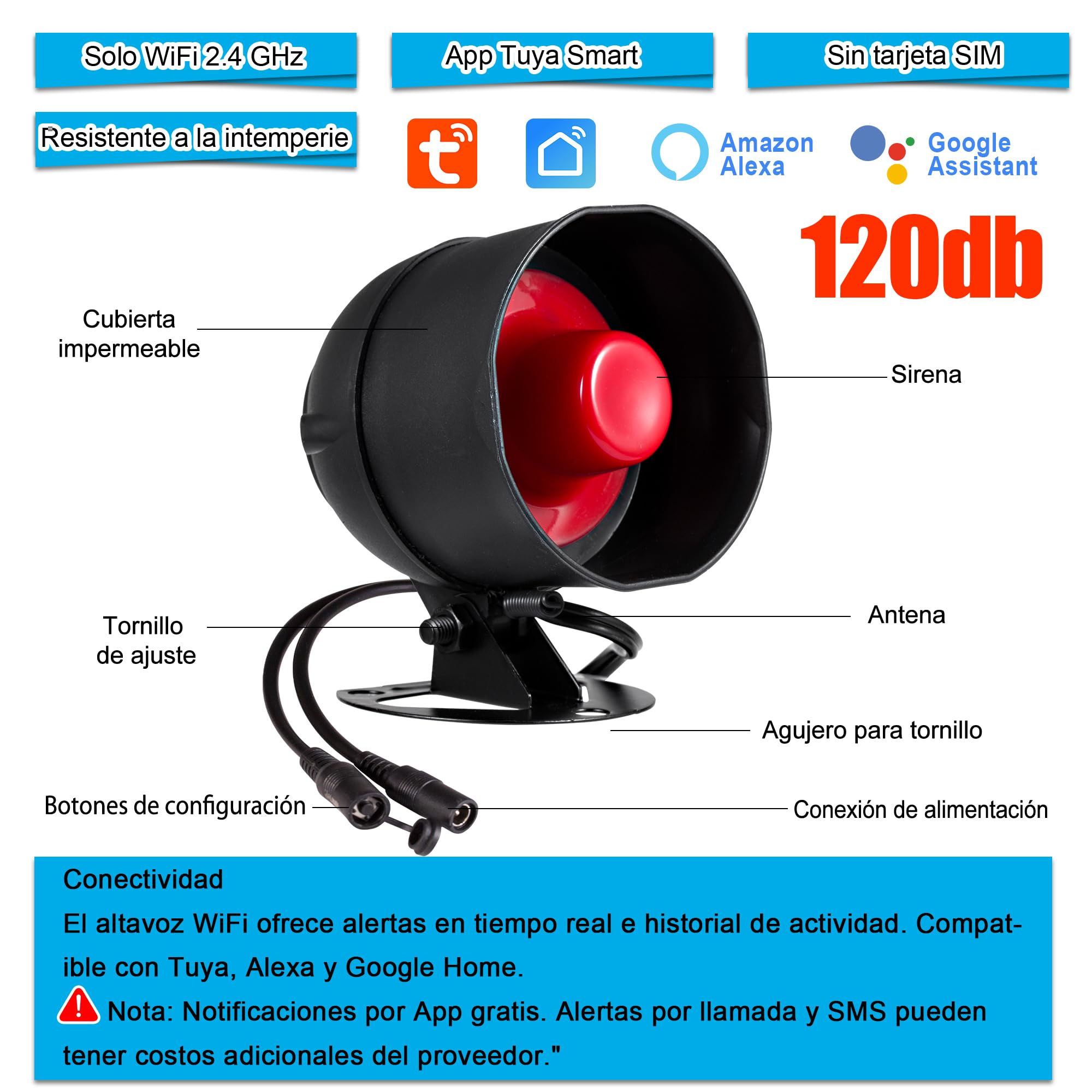 Sistema de Alarma WiFi, Sistema de Alarma Inalámbrico de 120 dB para la Seguridad del Hogar con Sirena, 6*Sensores de Movimiento Gratuitos y Mando a Distancia para Cobertizo y Garaje