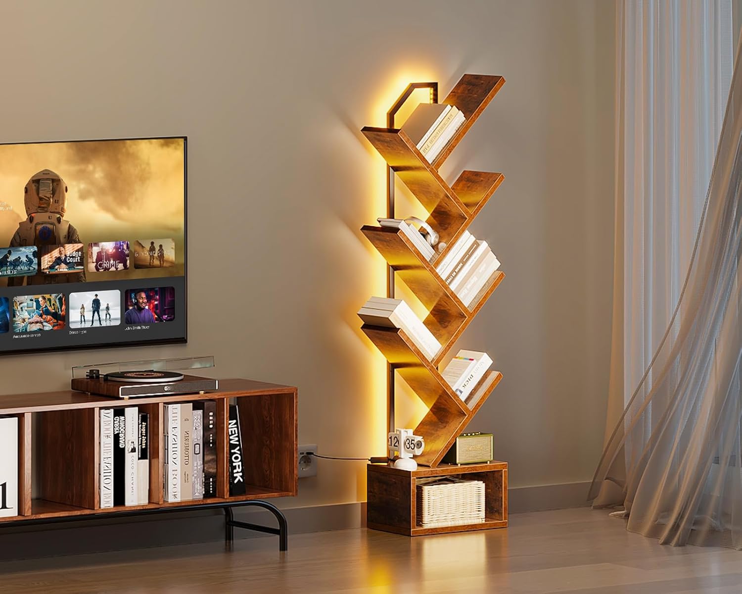 Casaottima 6-Tier Tree Bookshelf — Narrow Floor Standing Bookcase, Tall Steel & Wood Book Organizer Shelf with Cabinet, Home Decor for Living Room/Bedroom/Home Office, Vintage image 2 of 7 B0DQTL7Z2P