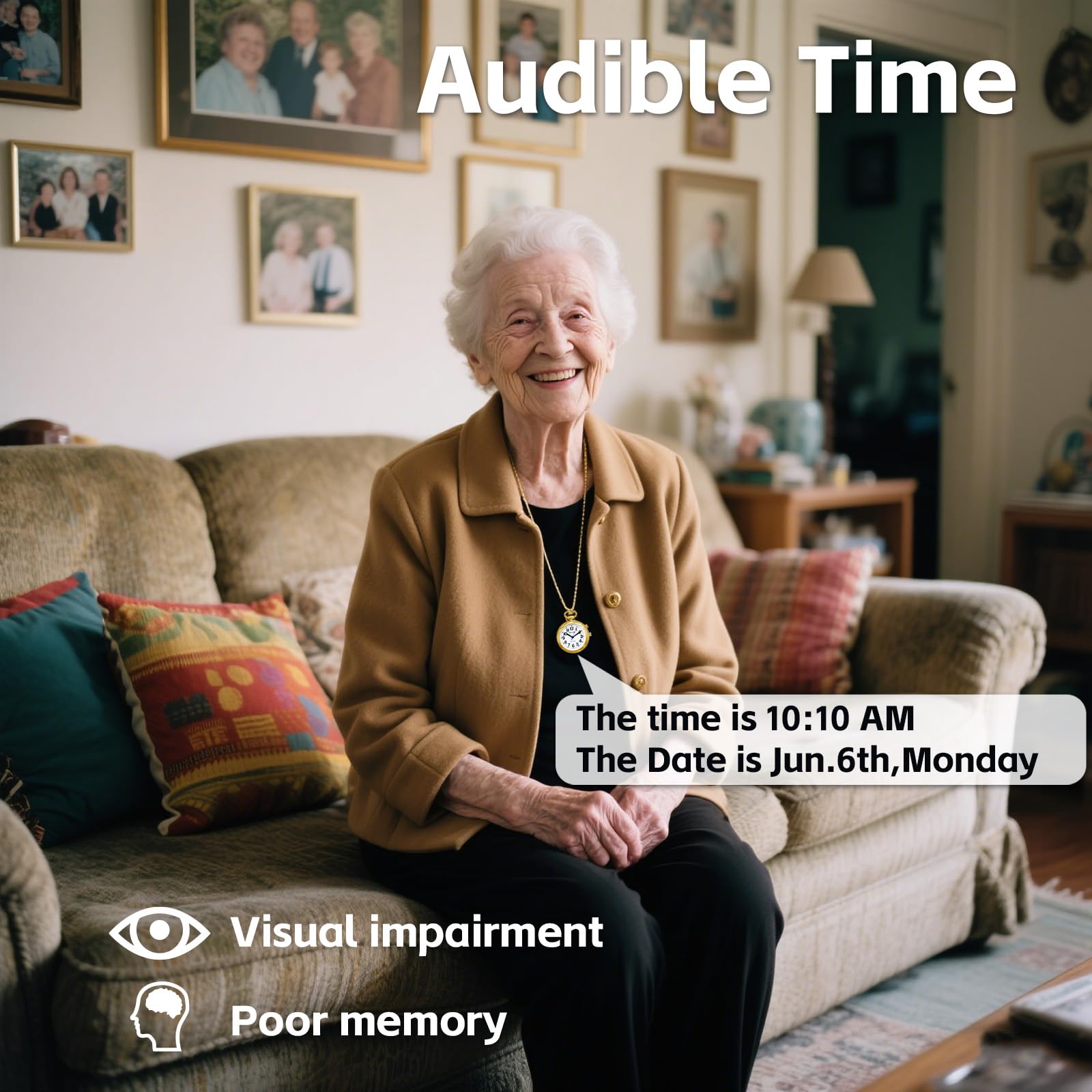 Sprechende Anhängeruhr mit großem Analog-Anzeige und kräftigen Zahlen, Anzeige von Uhrzeit, Datum und Tag oder Weckzeit, perfekt für Blinde, ältere Menschen oder Sehbehinderte, gold