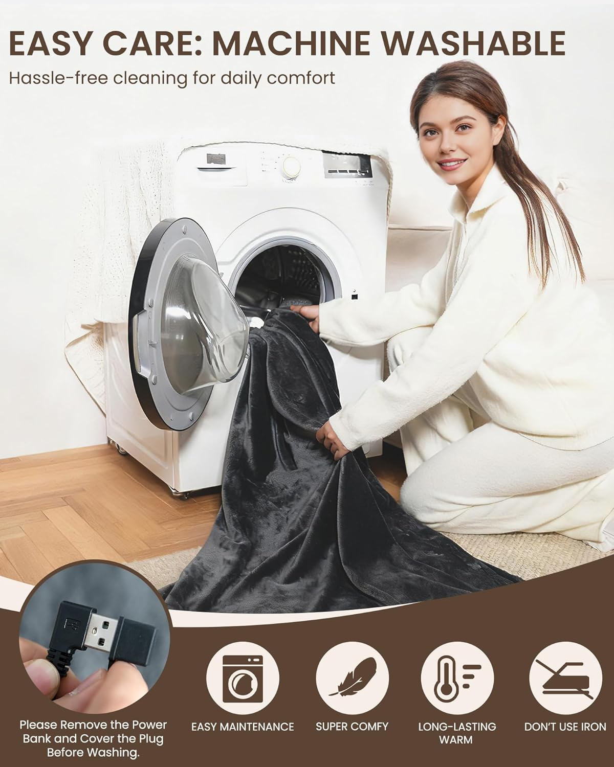 Cordless Heated Blanket with Hood, USB Battery Powered Heated Wearable Blanket with 9 Heating Zones, 20000 mAh Power Bank, 3 Levels, Portable Heated Throw Blanket, Heated Shawl (64 in x 37 in) - Image 8