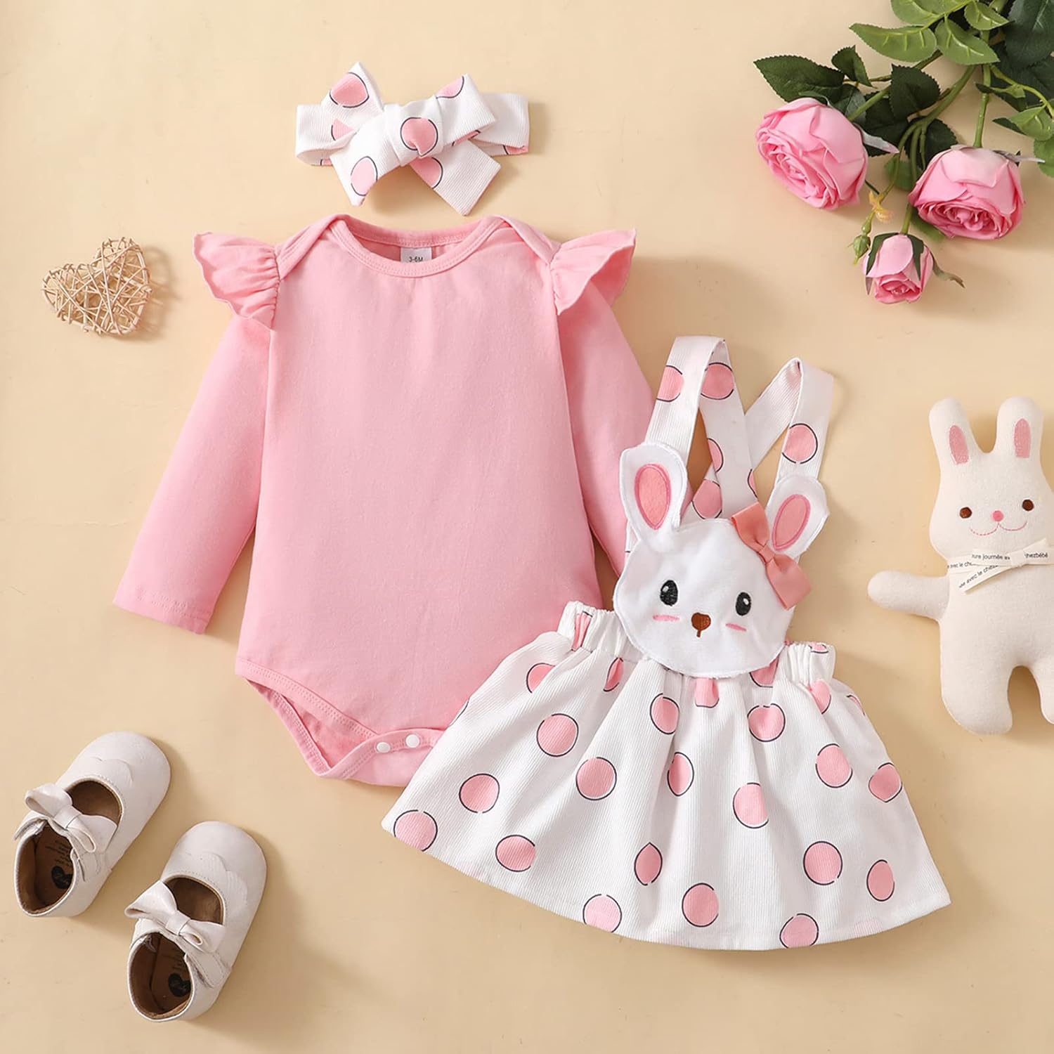 Toddler Baby Girl Long Sleeve Ruffle Romper Top Bunny Skirt Set Newborn Girl Easter Outfit Overall Dress - Image 3