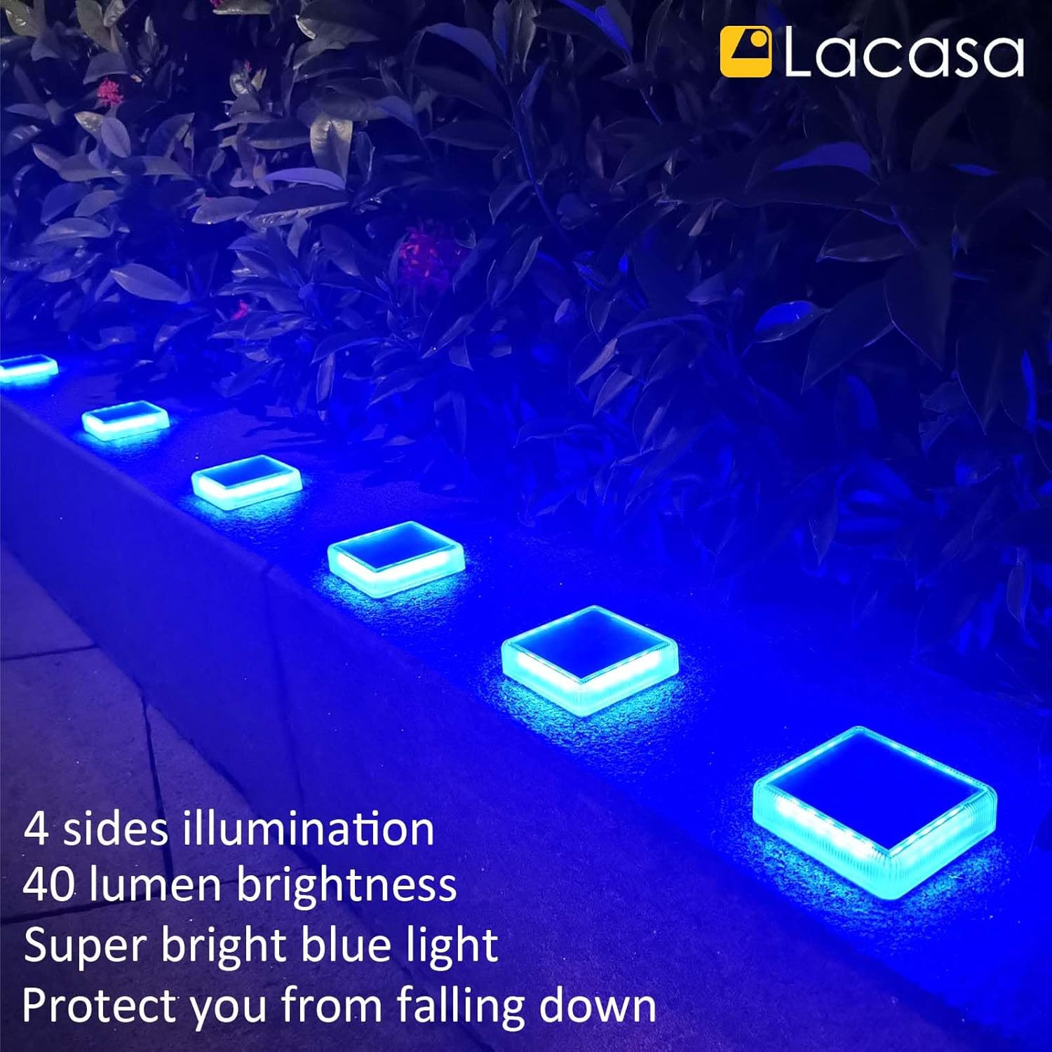 Lacasa Solar Deck Lights, 4 Pack 30LM LED Dock Lights Blue Light, Outdoor Solar Powered Step Lights Light up All Night IP68 Waterproof Auto ON/Off for Garden Stairs Driveway Pathway Lighting