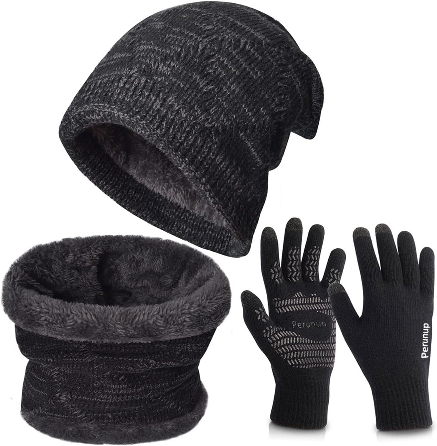 MaylisaccWinter Knit Beanie Hat Neck Warmer Scarf and Touch Screen Gloves Set 3 Pcs Fleece Lined Skull Cap for Men Women