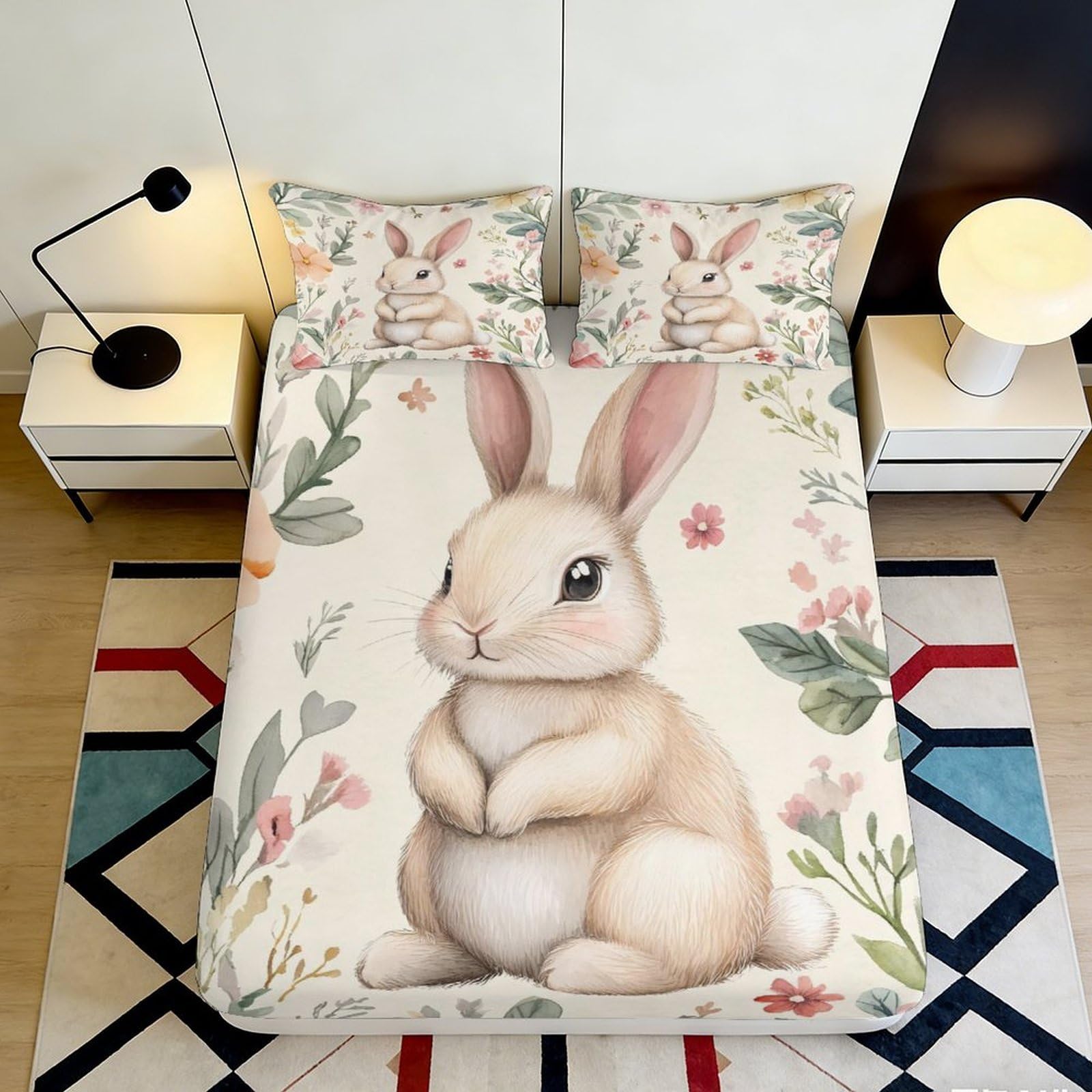 3D Printed Cartoon Bunny Fitted Sheet Microfiber Deep Pocket Non-Slip Bedding Bunny Mattress Fitted Cover Washable for Home 140x200x25cm