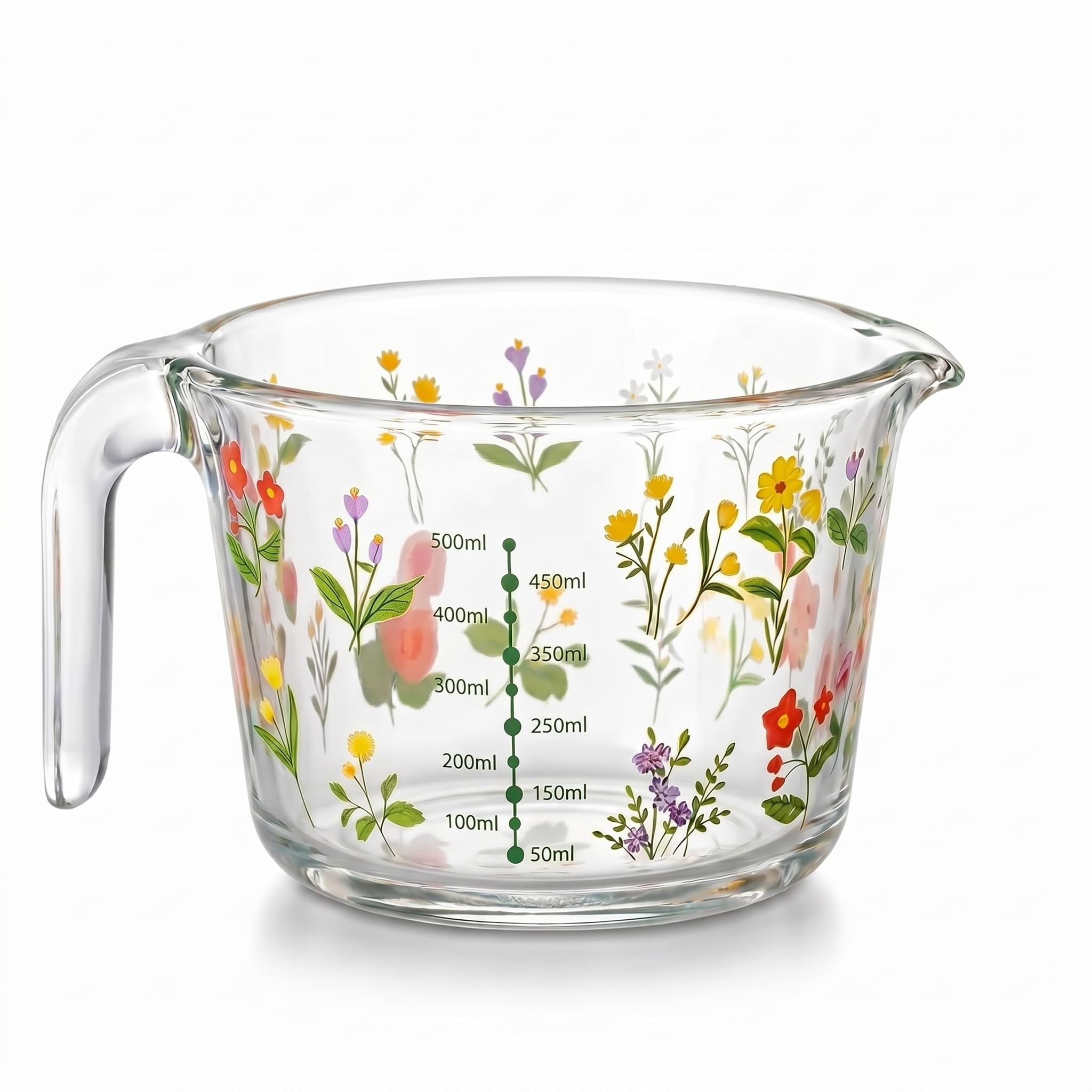 Photo 1 of 17 oz Flower Glass Measuring Cup Floral Measuring Cup with Handle Pouring Spout Clear Cute Milk Jug for Kitchen Baking Heat Resistant Glass Pitcher for Coffee Tea Microwave Safe(Classic Floral)