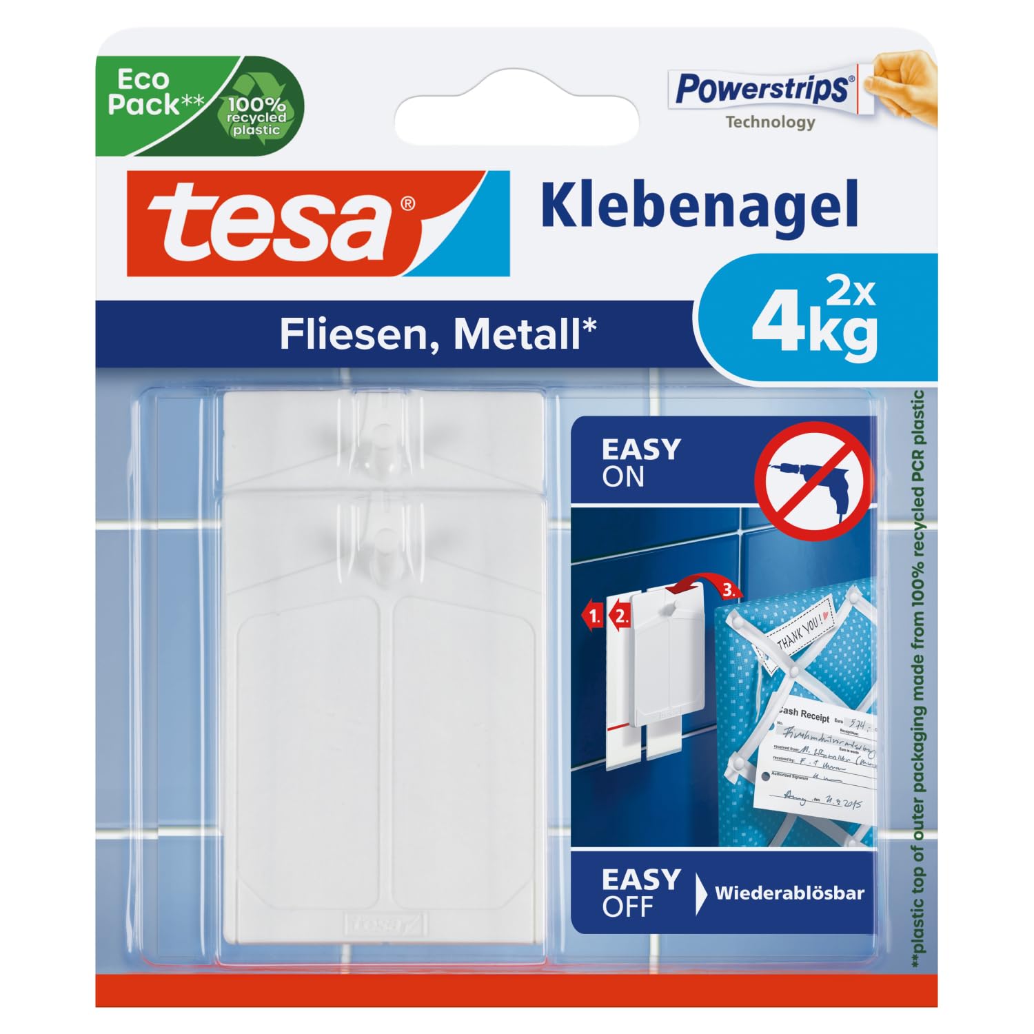 tesa Clavo Adhesivo para Azulejos y Metal 4 kg, Clavo Adhesivo de Alta Resistencia para Superficies Lisas en Baños y Cocinas, Gancho de Tira, Sostiene hasta 4 kg