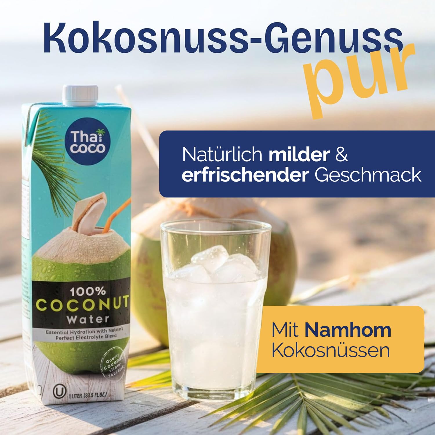 Thai Coco 100% Pures Kokoswasser 6x1L, aus Thailand – Natürliches Coconut Water mit Elektrolyten – Ohne Zuckerzusatz & Ohne Konservierungsstoffe – Hydration Getränk für Sport & Alltag