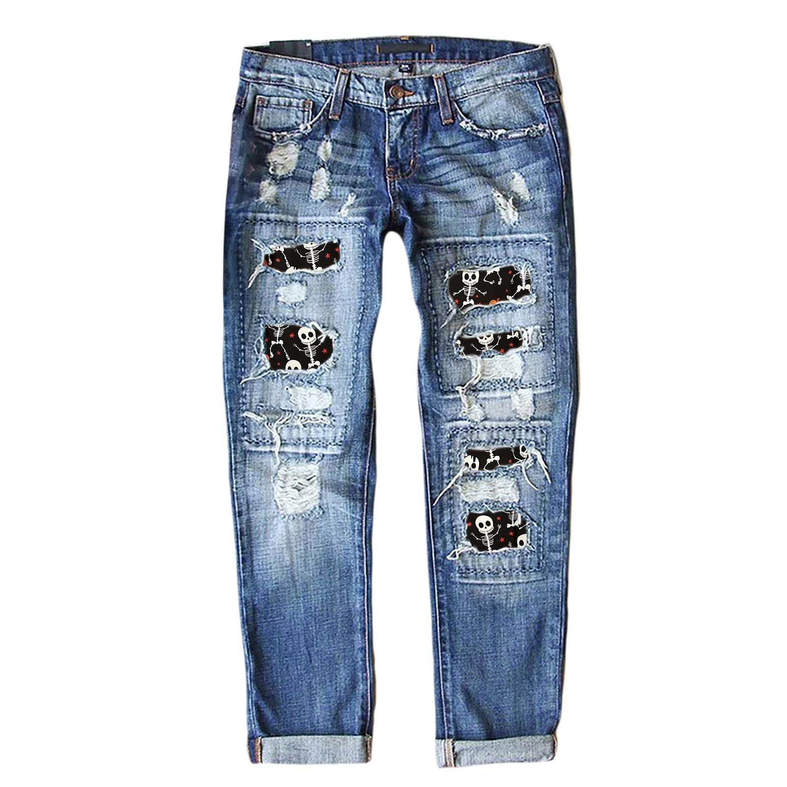 Generico Jeans Skinny Strappati di Halloween in Denim Elasticizzato Boyfriend con Patchwork Scozzese per Donna