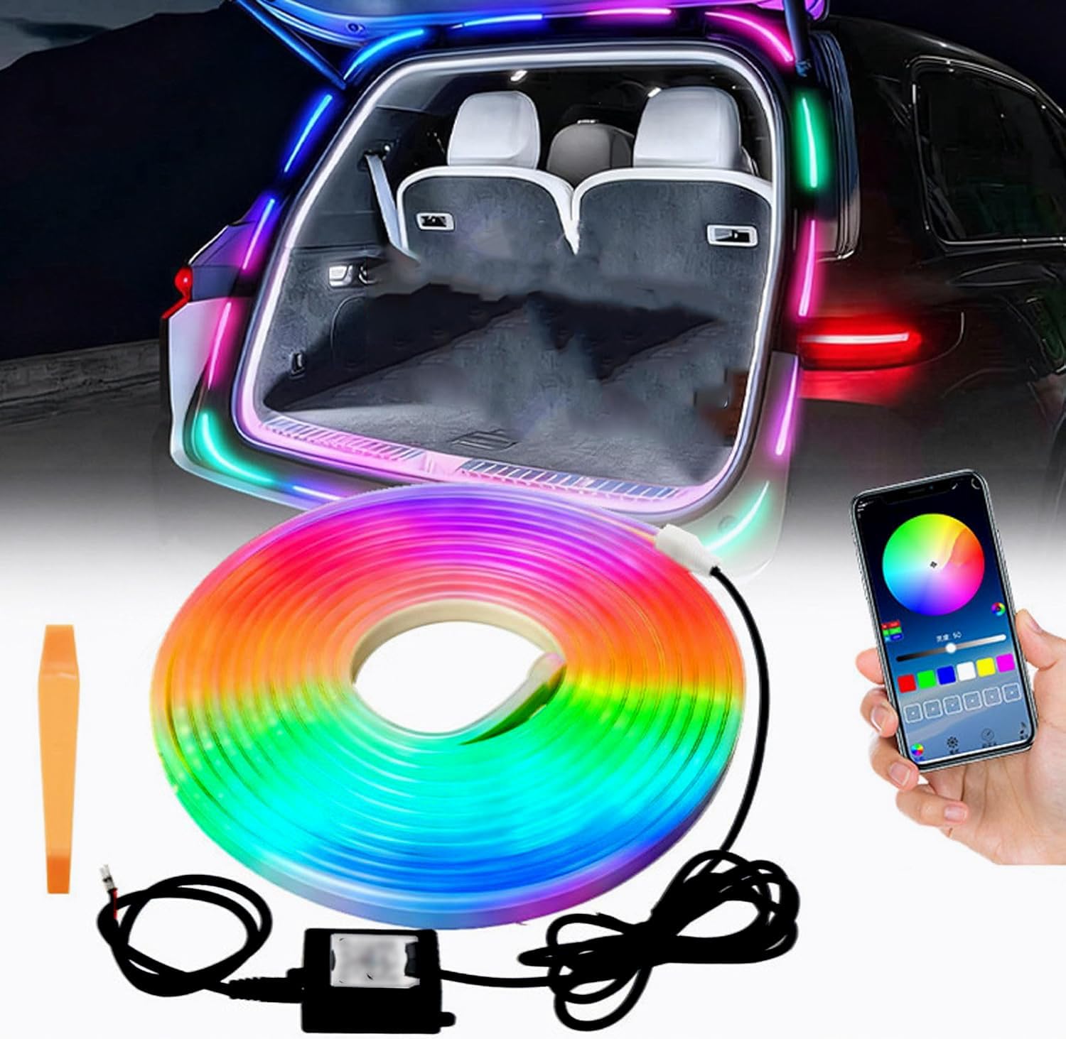 RGB LED Strip for Car Trunk Interior, Waterproof IP67 Multi-Color Car Trunk Lighting with Music Sync, Universal Car LED Strip Lights Decor
