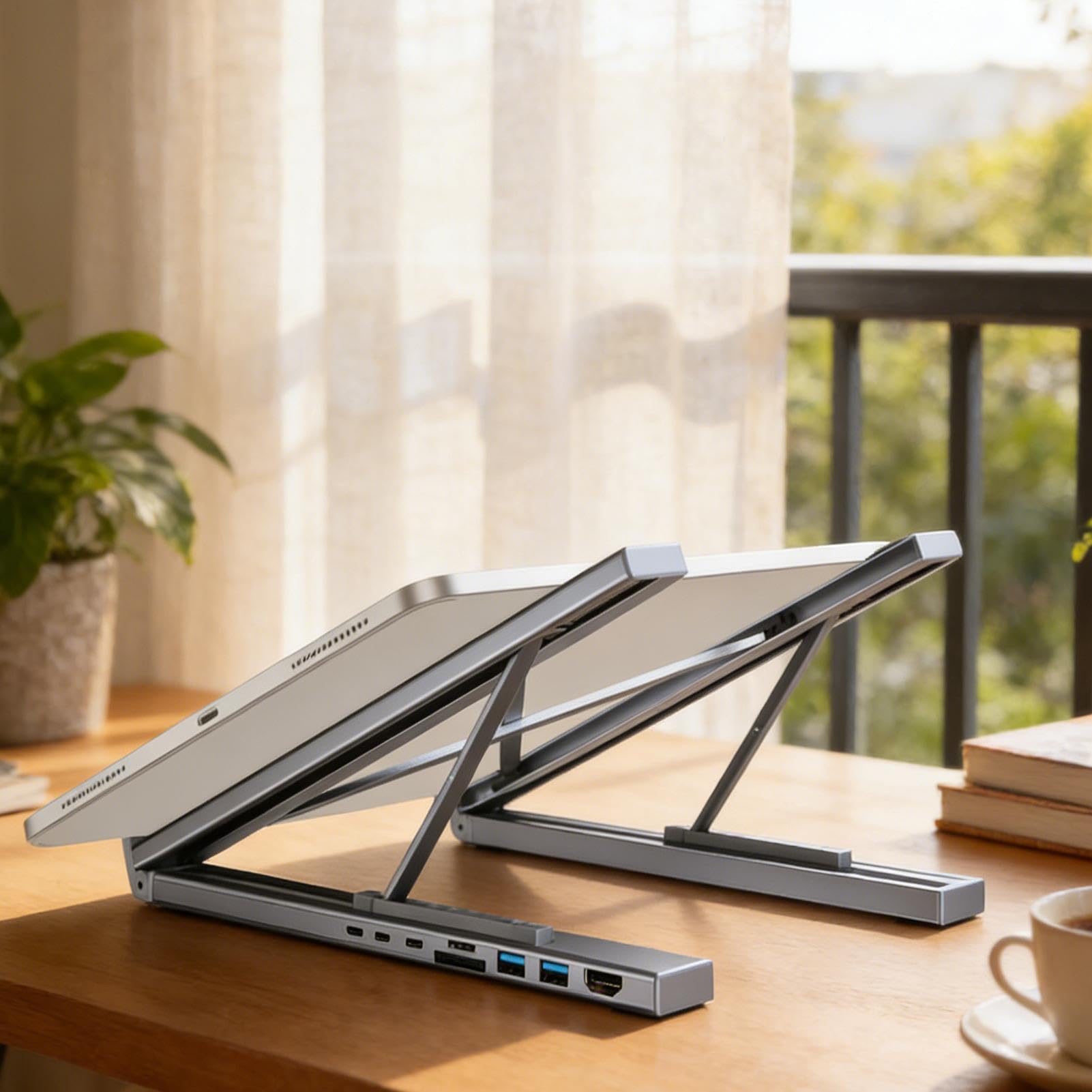 Supporto Portatile per Notebook con Docking Station Hub USB C 8 in 1 e | Trasferimento Dati a 5 Gbps, Supporto Pieghevole per Computer Portatile con Porte USB per Scrivania, Ufficio, Casa