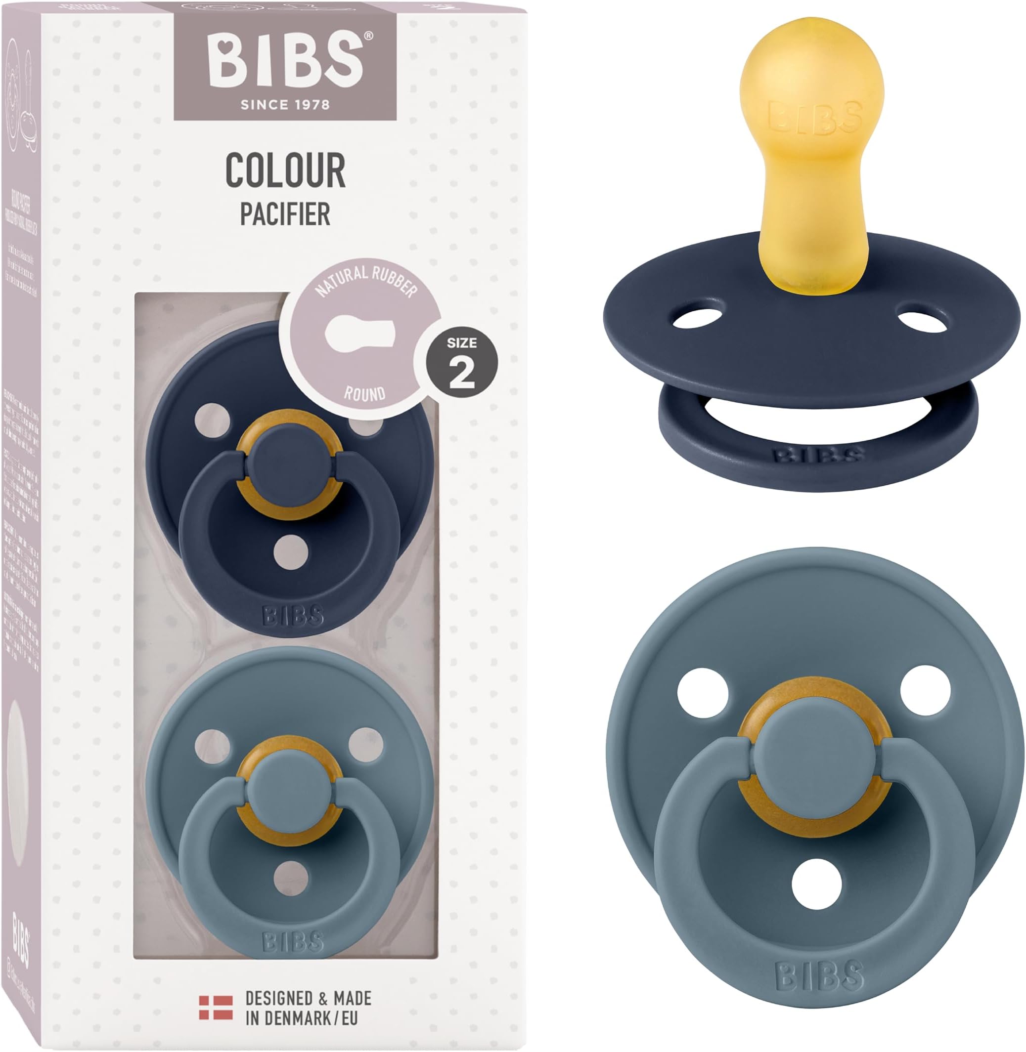 BIBS Colour Soother 2-Pack, BPA Free Dummy Pacifier, Round Nipple. Natural Rubber Latex, Size 2 (6-18 Months), Deep Space/Petrol