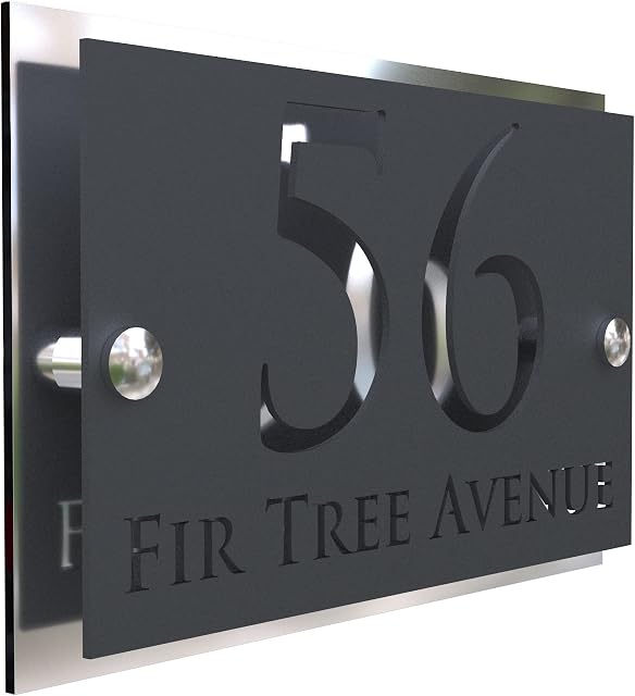 K Smart Sign | Simpatico | Modern laser Cut House Signs 3d effect door number address style sign plaques address numbers | 200mm x 130mm (Silver Mirror & Matt Gray)