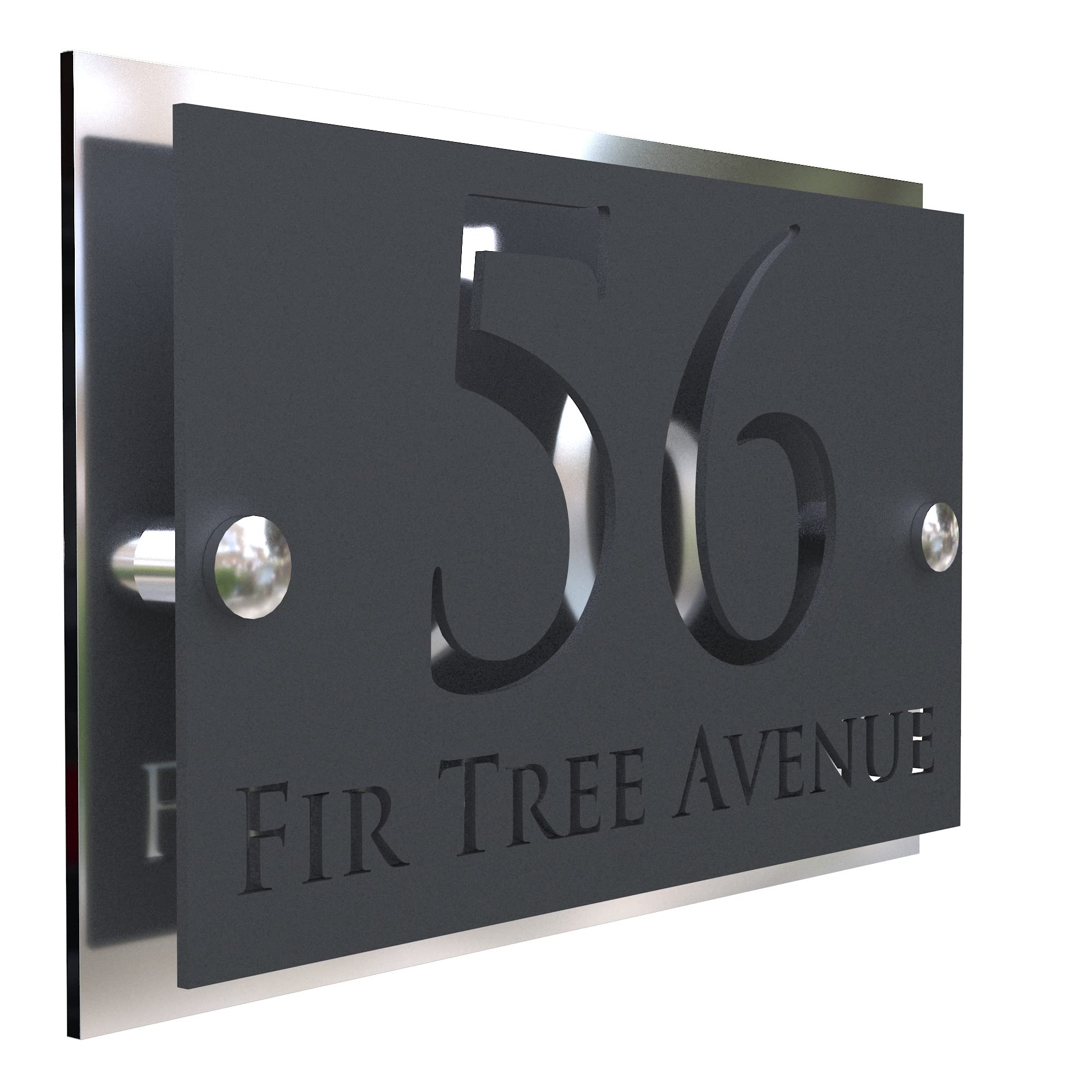K Smart Sign | Simpatico | Modern laser Cut House Signs 3d effect door number address style sign plaques address numbers | 200mm x 130mm (Silver Mirror & Matt Gray)