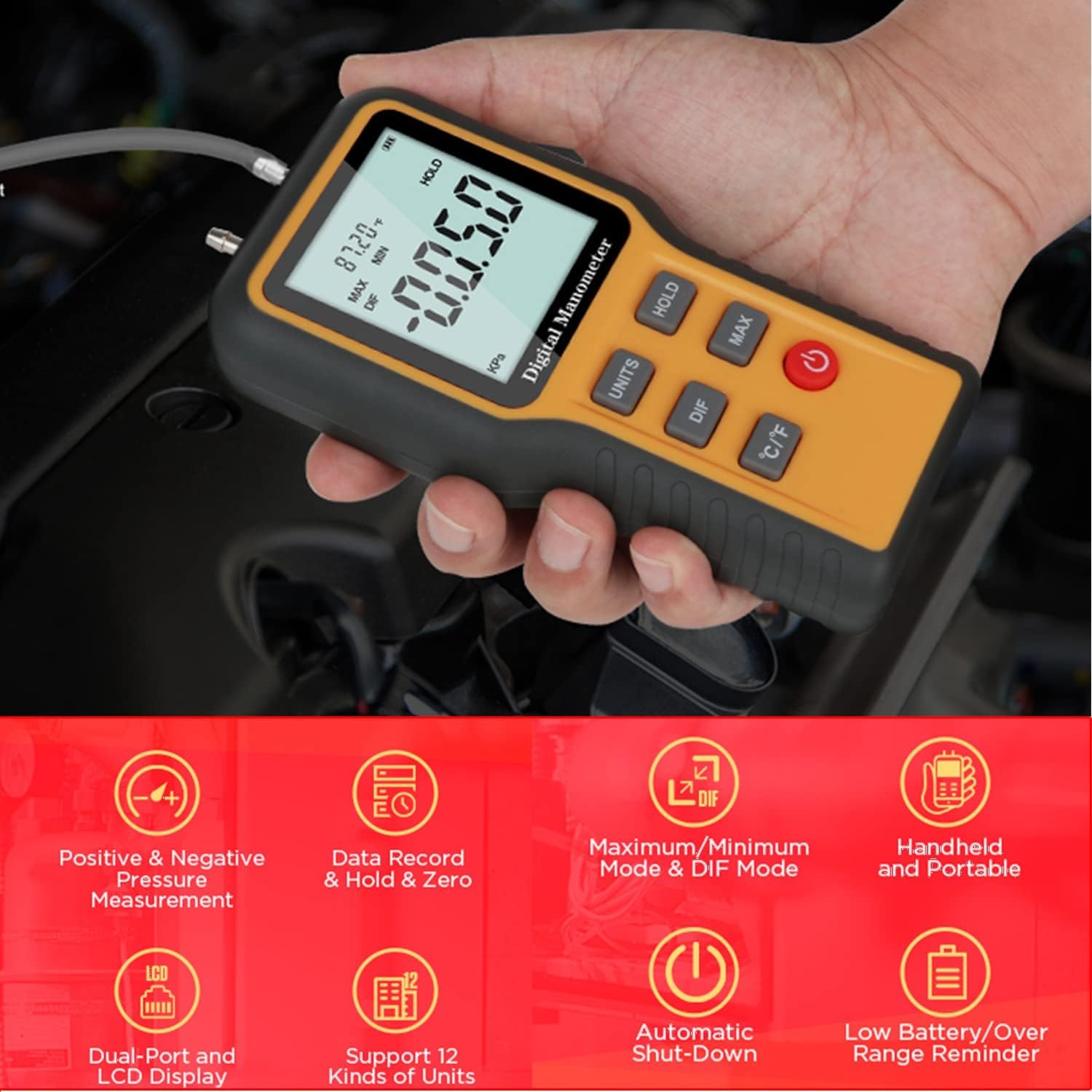 AIOMEST Digital Anemometer und Differenzdruckmessgeräte, Windmesser Windmessgerät Handheld, Digitales Manometer mit 12 wählbaren Einheiten (±20,68 kPa / ±2,999 psi), für HVAC, Lüftung