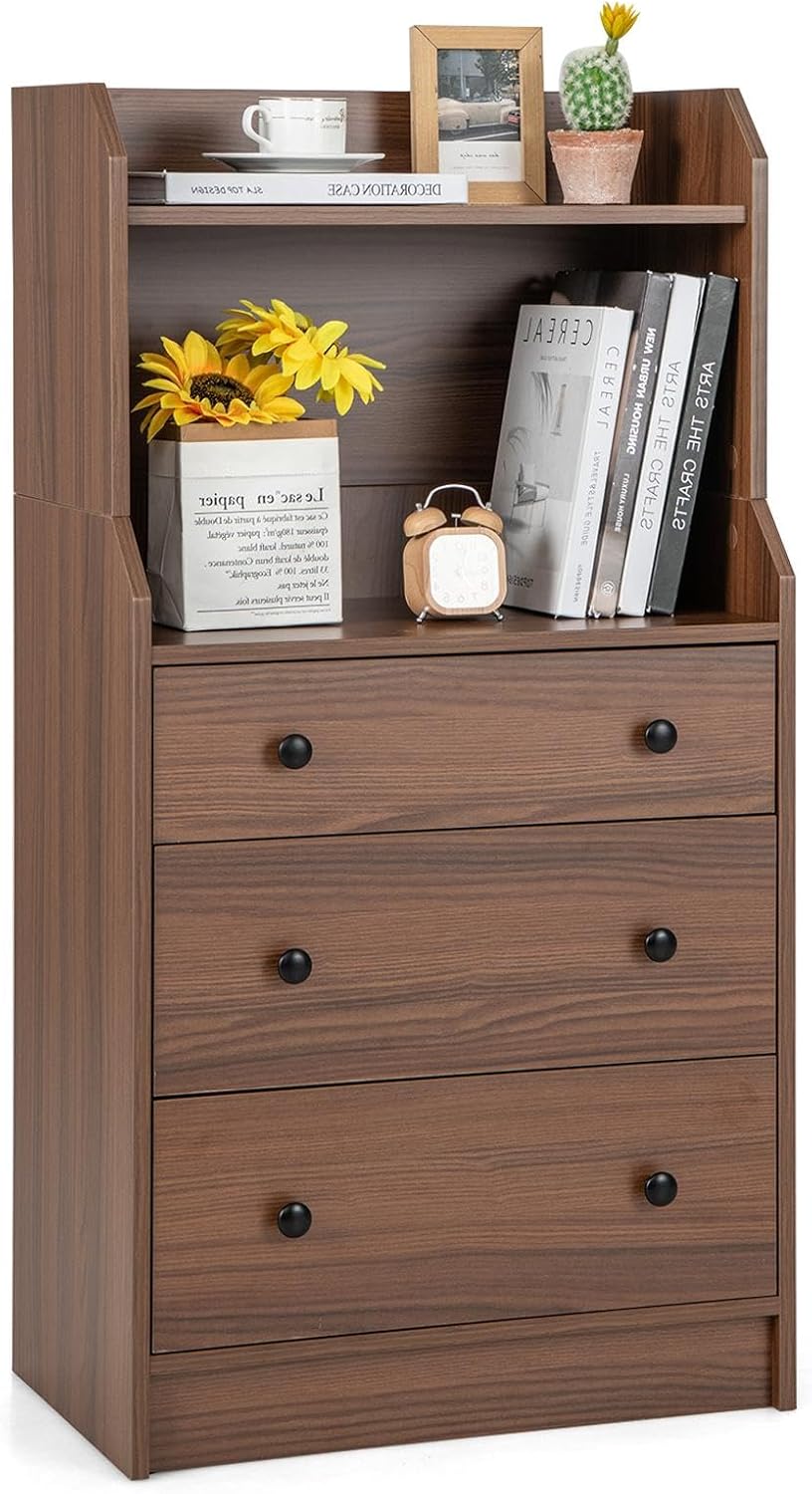 LDAILY Moccha 3 Drawers Dresser with Shelf, Modern Dresser Tower with 2 Open Shelves, Chest of Drawers with Anti-toppling Device, Tall Storage Dresser Nightstand, Living Room, Walnut