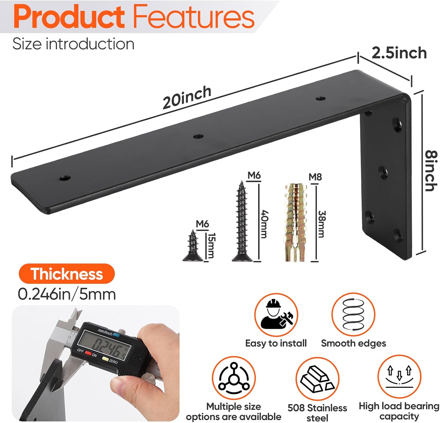 2-Pack Countertop Support Brackets 20"x8"x2.5", Heavy Duty Steel L Metal Floating Hidden Shelf Bracket for Shelves, Quartz/Granite/Wood/Concrete/Laminate Countertops