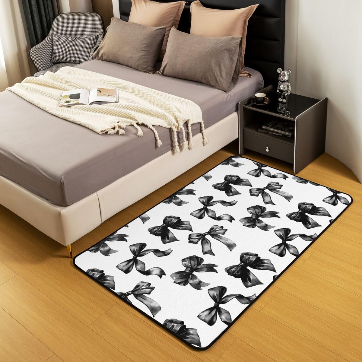 Homewish Dywaniki z kokardą 100 x 150 cm do sypialni salonu - czarno-biała kokardka nowoczesny dywan podłogowy nowoczesny prosty moda estetyczne duże dywany, czarna akwarela węzeł motylkowy nie gubi