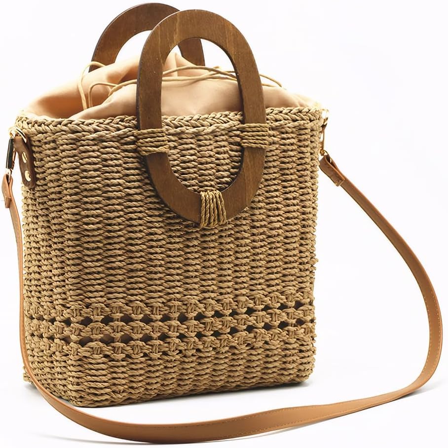 Straw Handbag Crossbody Shoulder Bag Woven Purse Summer Chic Bucket Pocketbook Top Handle Satchel - Image 5