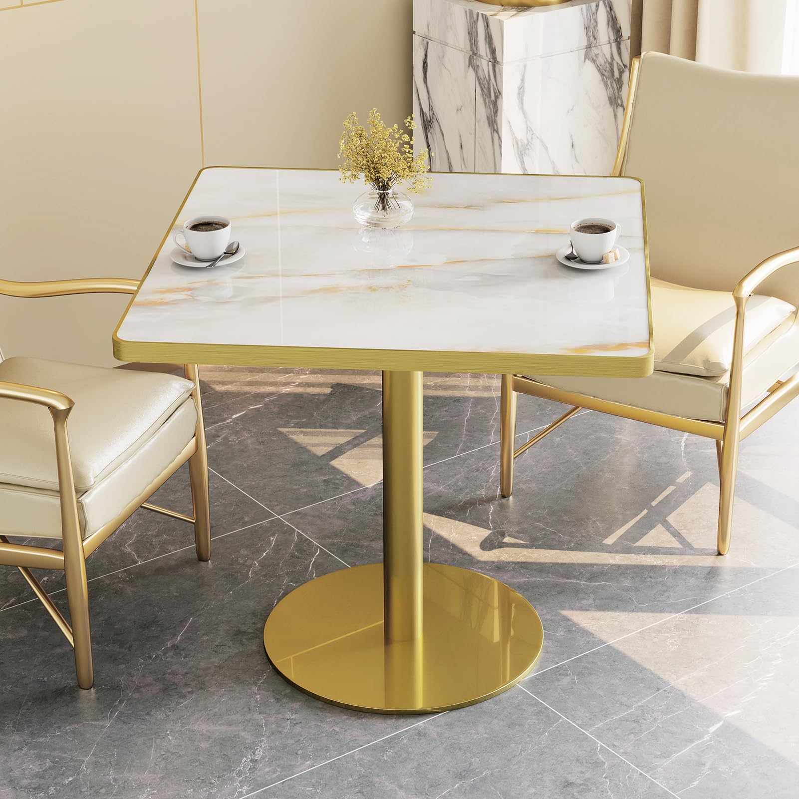 31.5" Square Tulip Table with Sintered Stone Tabletop, Gold Edge &amp; Pedestal