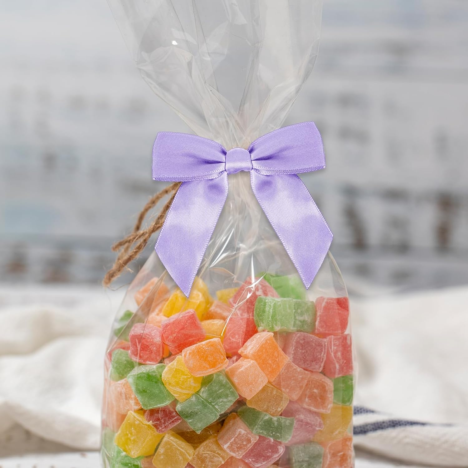 50 Pack Purple Twist Tie Bows, 3.5" Satin Ribbon Mini Purple Bows for Tying Up Packages Gifts Wrapping,Crafts Package,Bakery Candy Bags,Party Favors, Wedding, Baby Shower Decorations - Image 5