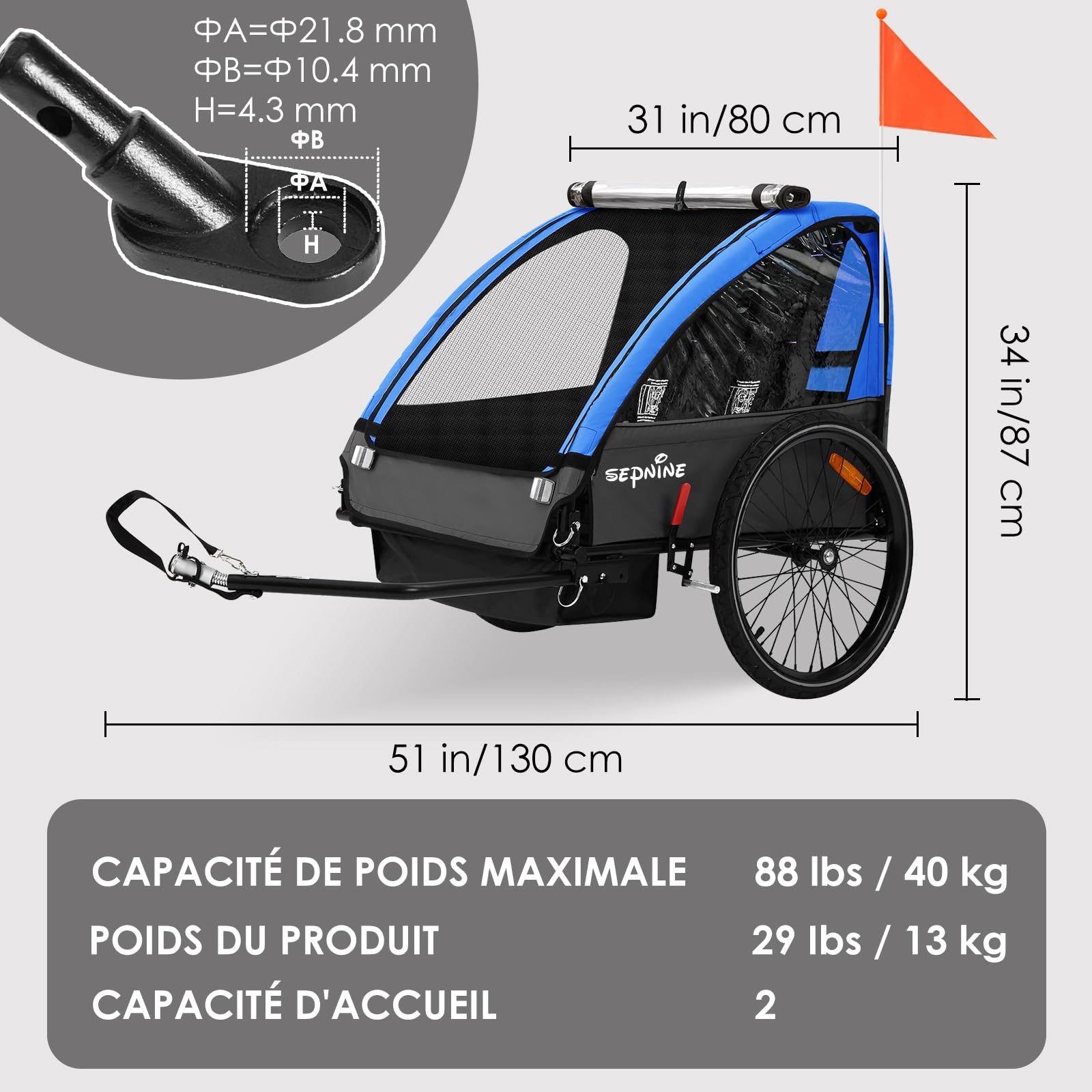 SEPNINE Remorque pour Enfant 2 Places Tout-Terrain Pliable avec Frein à Main Ceinture de Sécurité 40 kg