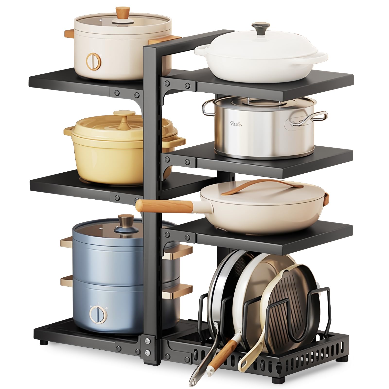 7-Tier Pots and Pans Organiser, Heavy Duty Adjustable Rack for Pots and Lids, Kitchen Storage & Organisation, Rust-Proof, Dual-Sided Pan Stand for Kitchen Cupboard, Counter and Cabinet Storage (Black)