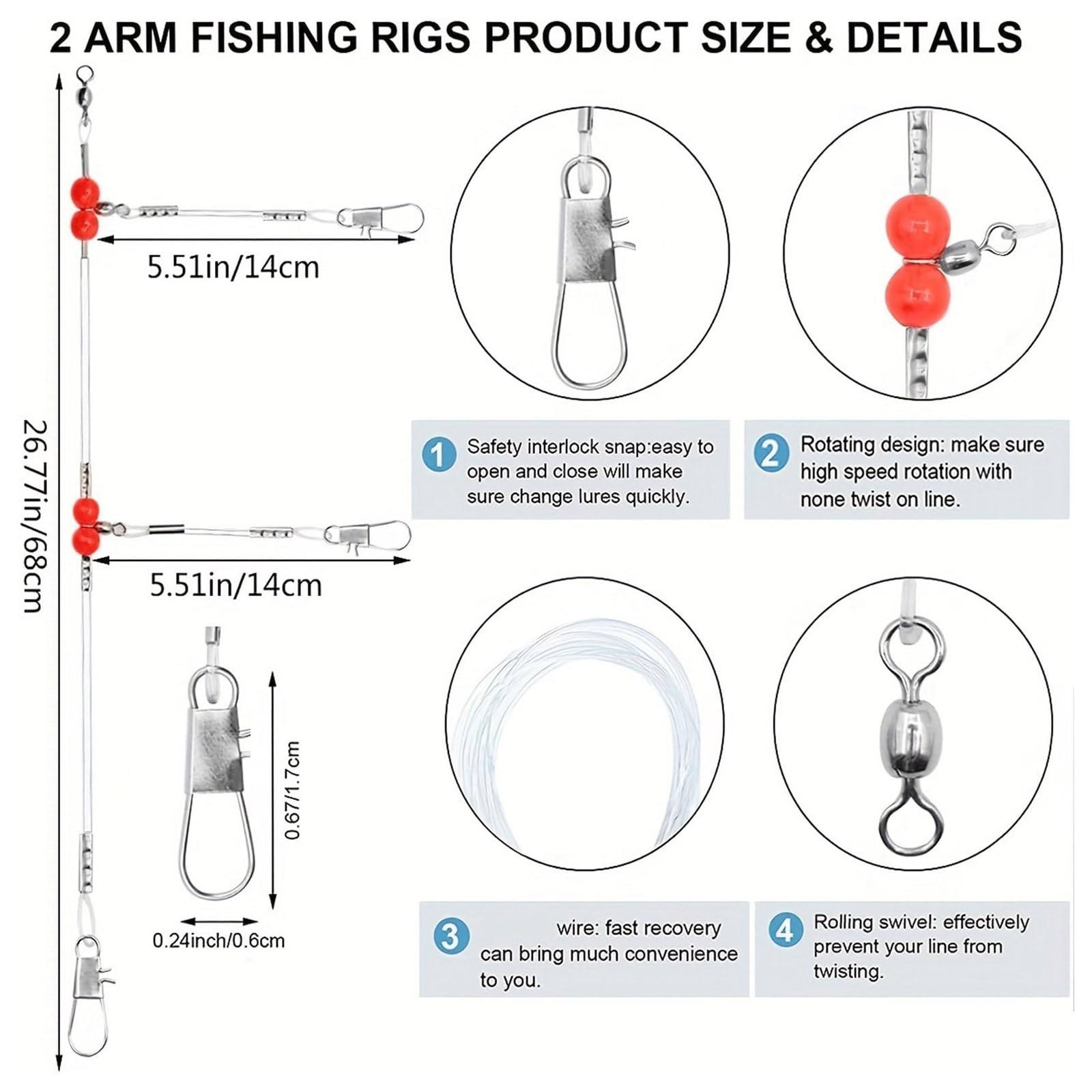 Leader Da Pesca In Acqua Salata - Rig In Nylon Blu Con Girelle E Perline - Confezione Da 12 O 24 Pezzi, Resistenza 40,8 Kg, Per Luccio, Salmone, Spigola