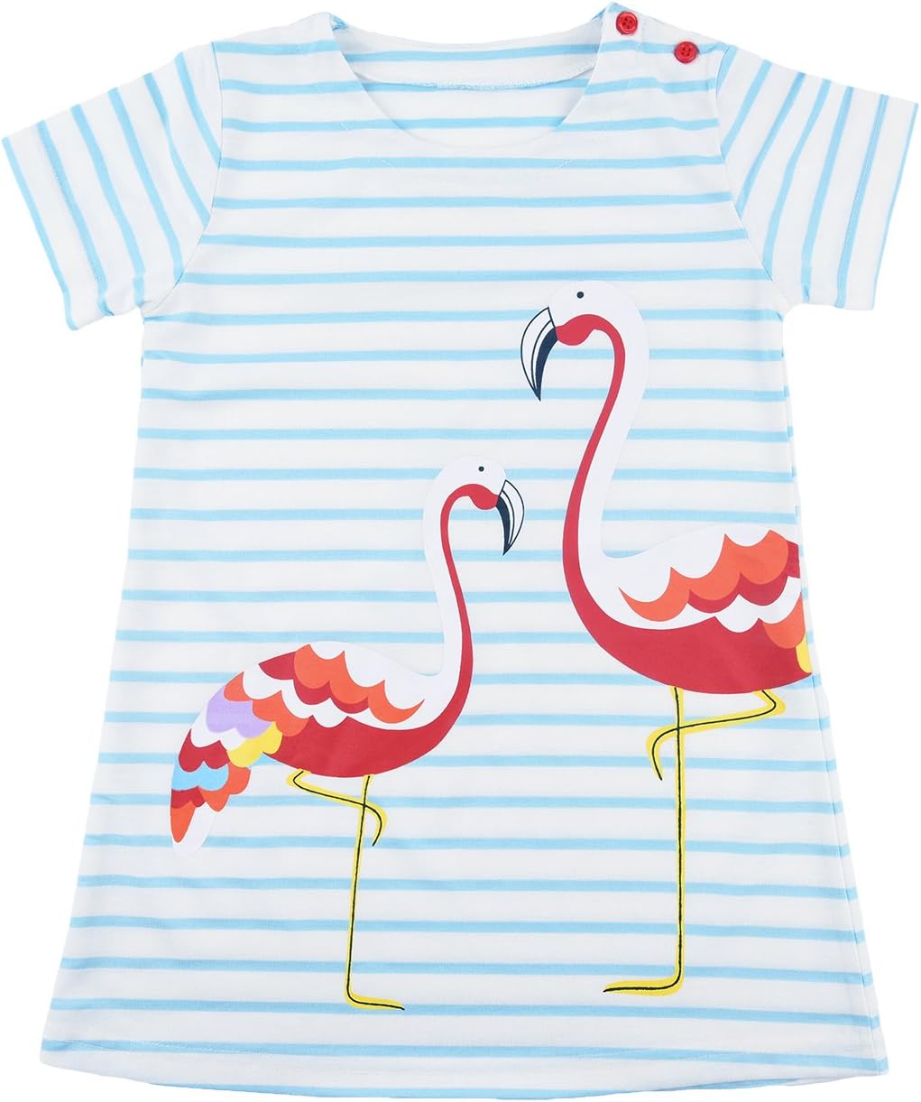 Toddler Girls Dress Summer Stripe Cotton Short Sleeve Flamingo Pattern Cartoon Casual Dresses