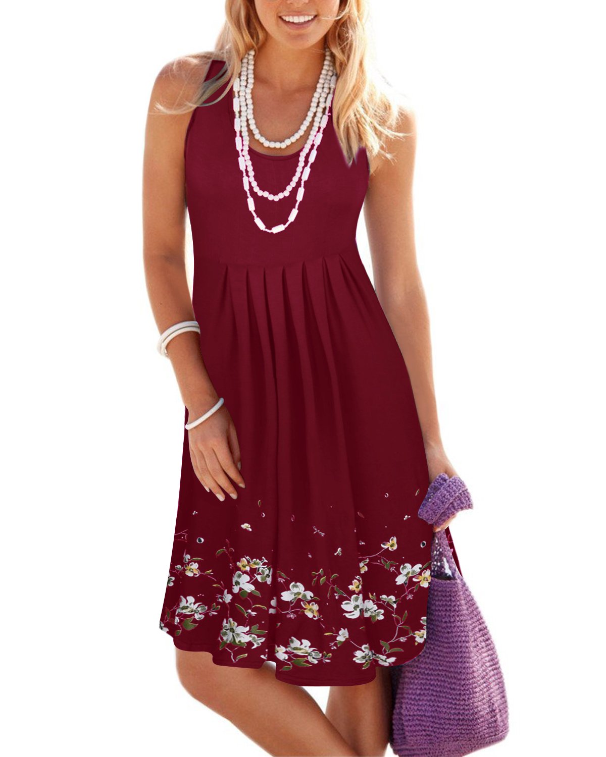 KILIG Summer Dresses for Women UK Beach Casual Sundress Ladies Sleeveless Tank Dress Midi Floral Cover Ups (A1-Wine, XL)