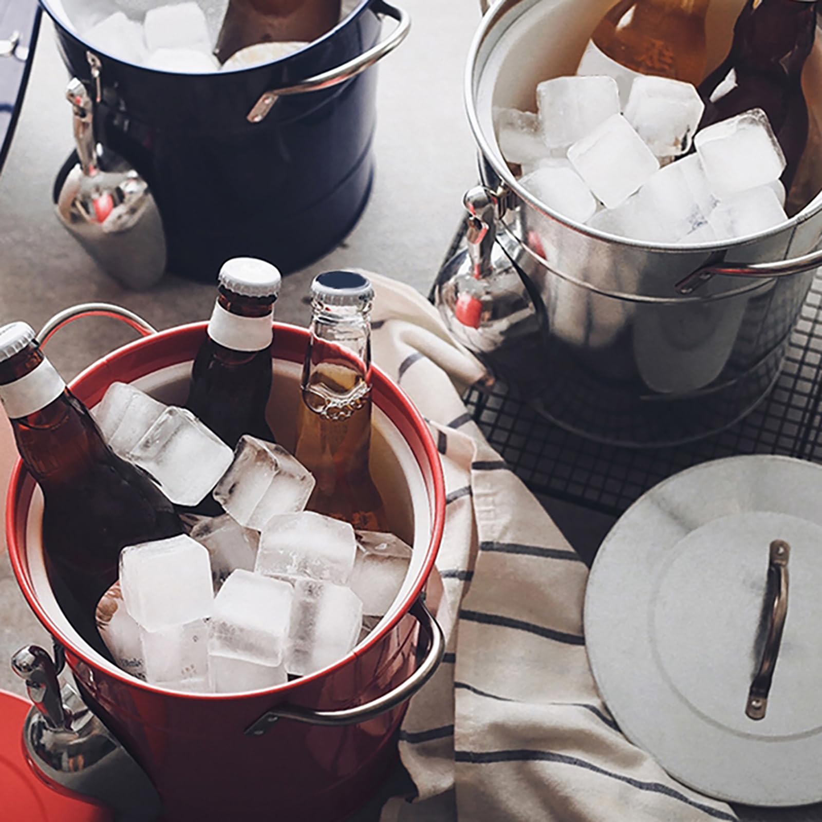 Cubeta redonda para bebidas con pala y tapa, cubo de hielo de doble asa, enfriador de bebidas de metal, cubo de champán, fácil de transportar