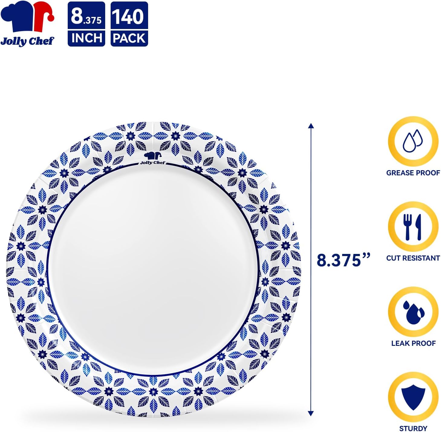 JOLLY CHEF 8.37 inch Disposable Paper Plates 140 Count Soak Proof, Cut Proof, Heavy Duty Printed Disposable Plate for Everyday Use