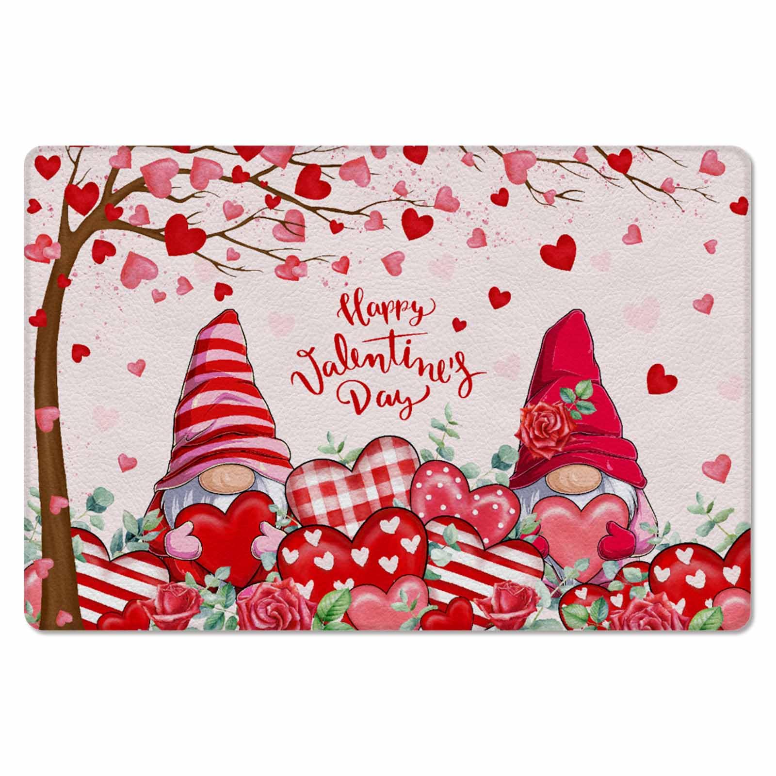 Jolunifun Valentine Kitchen Bath Door Mat Cushioned Runner Rug,Washable Welcome Floor Sink Antifatigue Mat,Waterproof & Non-Slip Comfort Standing Doormat,Red Pink Gnomes Love Plaid Eucalyptus 24
