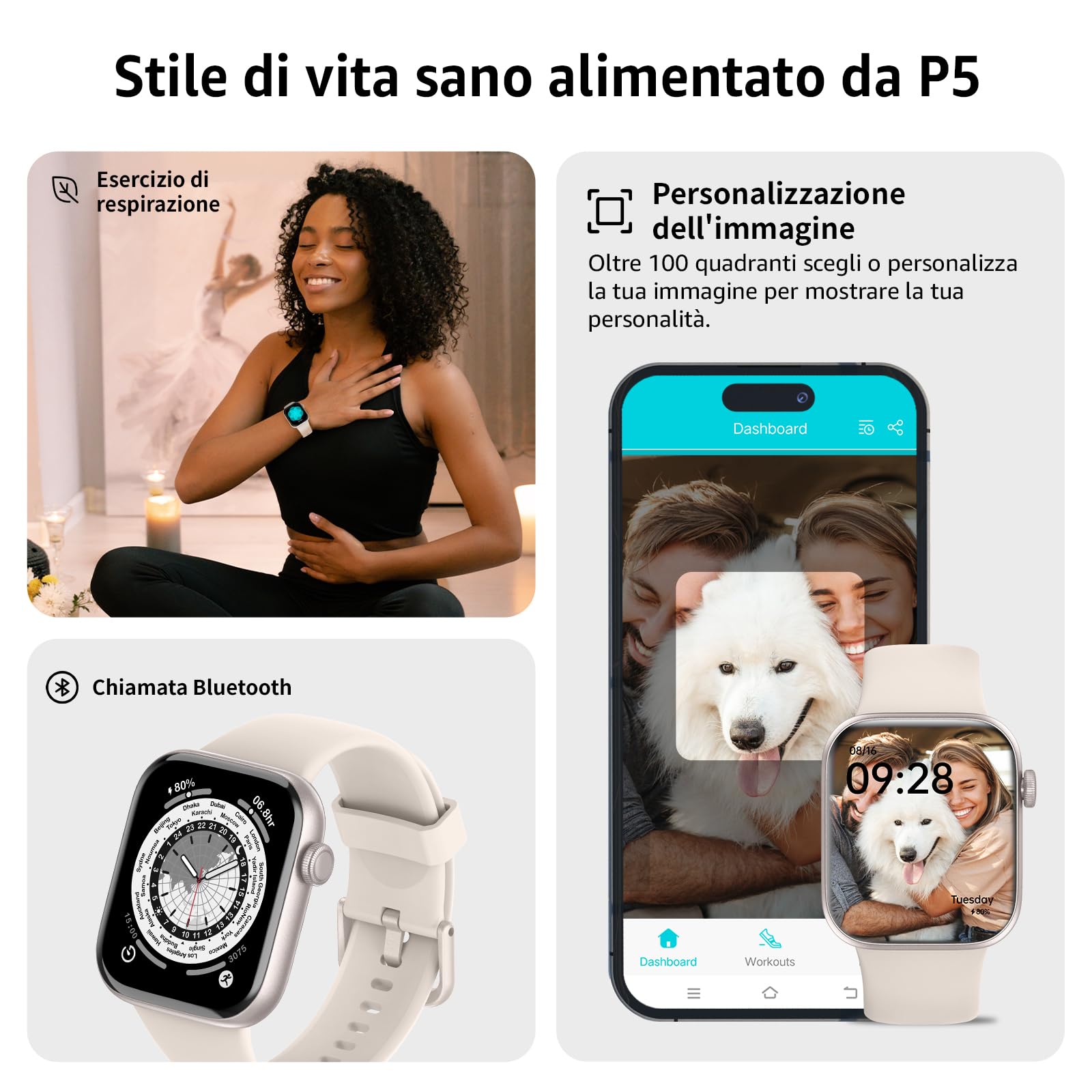AcclaFit Smartwatch Uomo Donna, 1.85" Full Touch Screen Smartwatch con Effettua/Risposta Chiamate, Fitness Tracker con Pressione Sanguigna e Monitor Sonno, 140+ Sport Step Counter per Android iOS