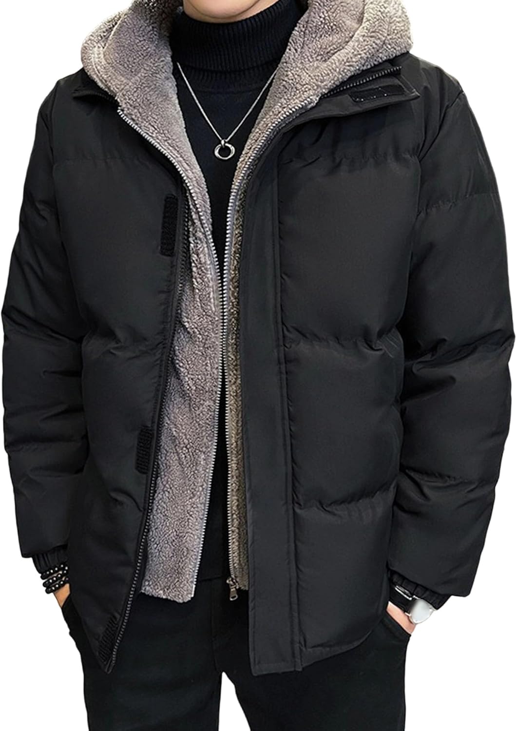 Men Fake 2 Piece Polar Fleece Down Coat Classic Hooded Zipper Cotton Jacket Winter Comfy Casual Down Outerwear