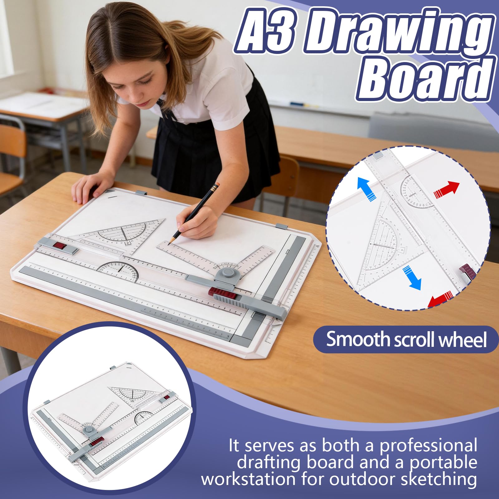Tavolo Da Disegno DIN A3, Con Riga Parallela E Goniometro Set 6 Pezzi Multifunzione Con Morsetto Fermacarta Righello E Supporto Regolabile Per Disegno Tecnico Scuola Ufficio Architettura