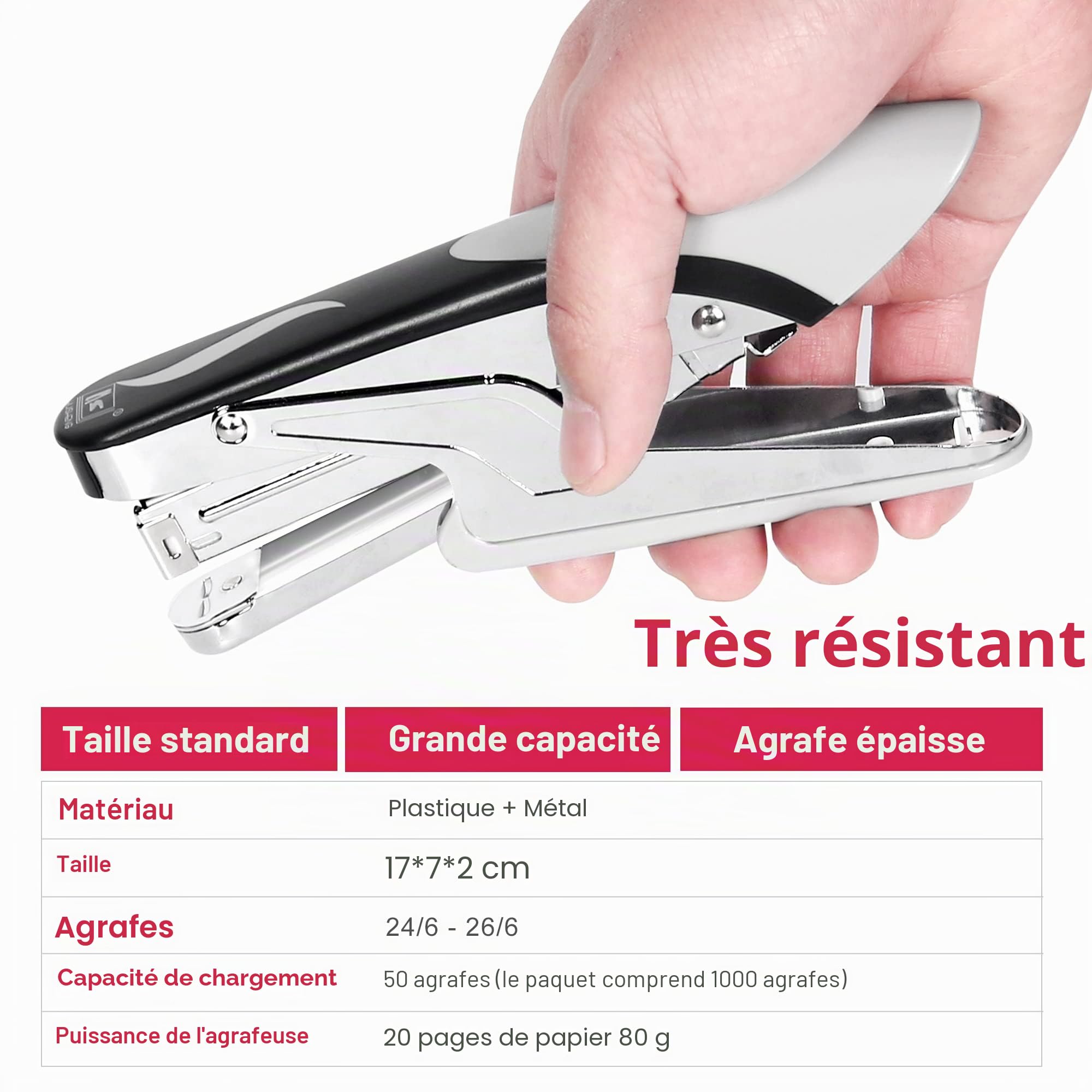 Agrafeuse robuste avec 1000 agrafes et dissolvant d'agrafes, capacité de 20 feuilles, agrafeuse de bureau pour agrafage à la maison, l'école, l'entrepôt, fabriquée à la main, sans bourrage