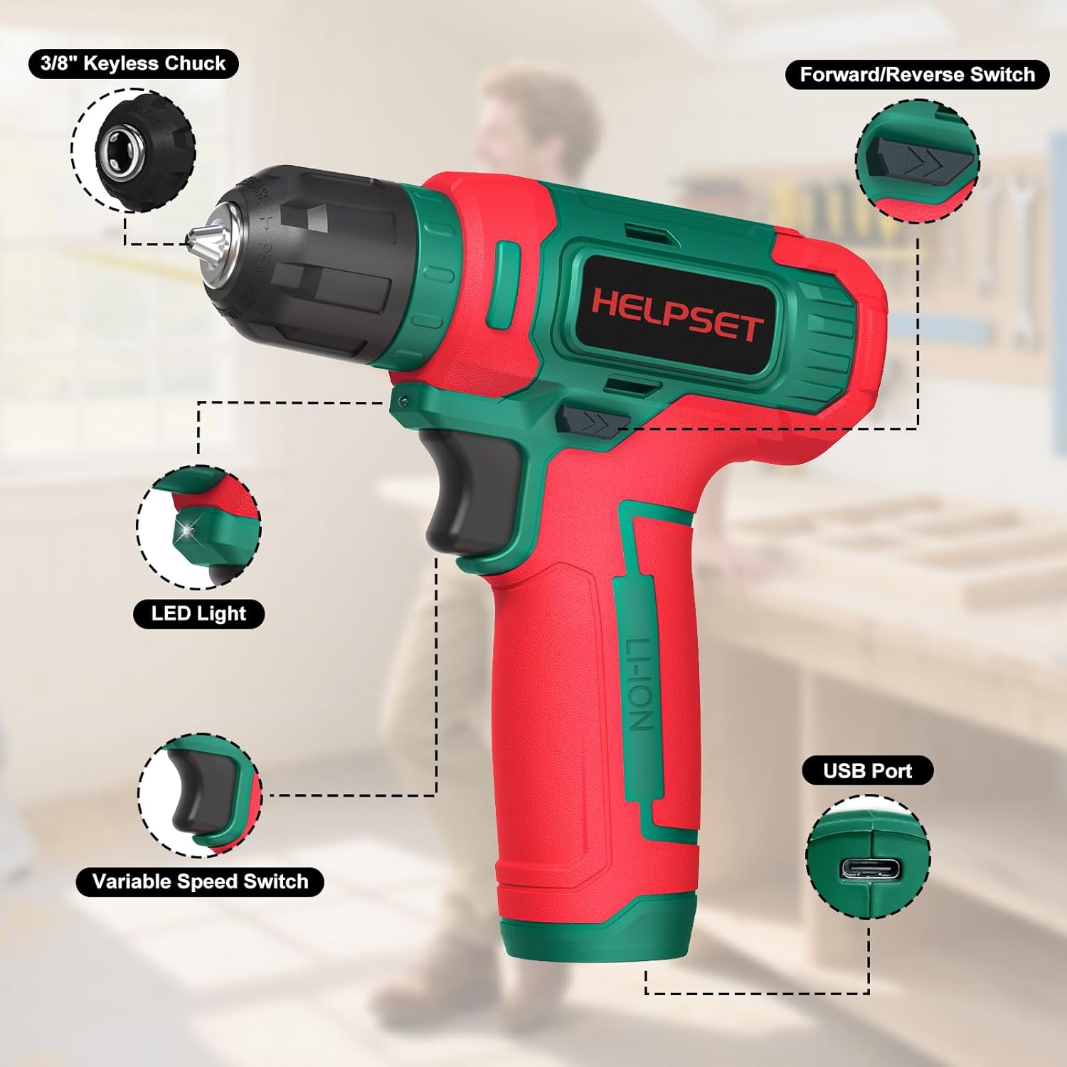 HelpSet 8V Cordless Drill Driver with labeled parts: 3/8 inch Keyless Chuck, Forward/Reverse Switch, LED Light, Variable Speed Switch, USB Port.
