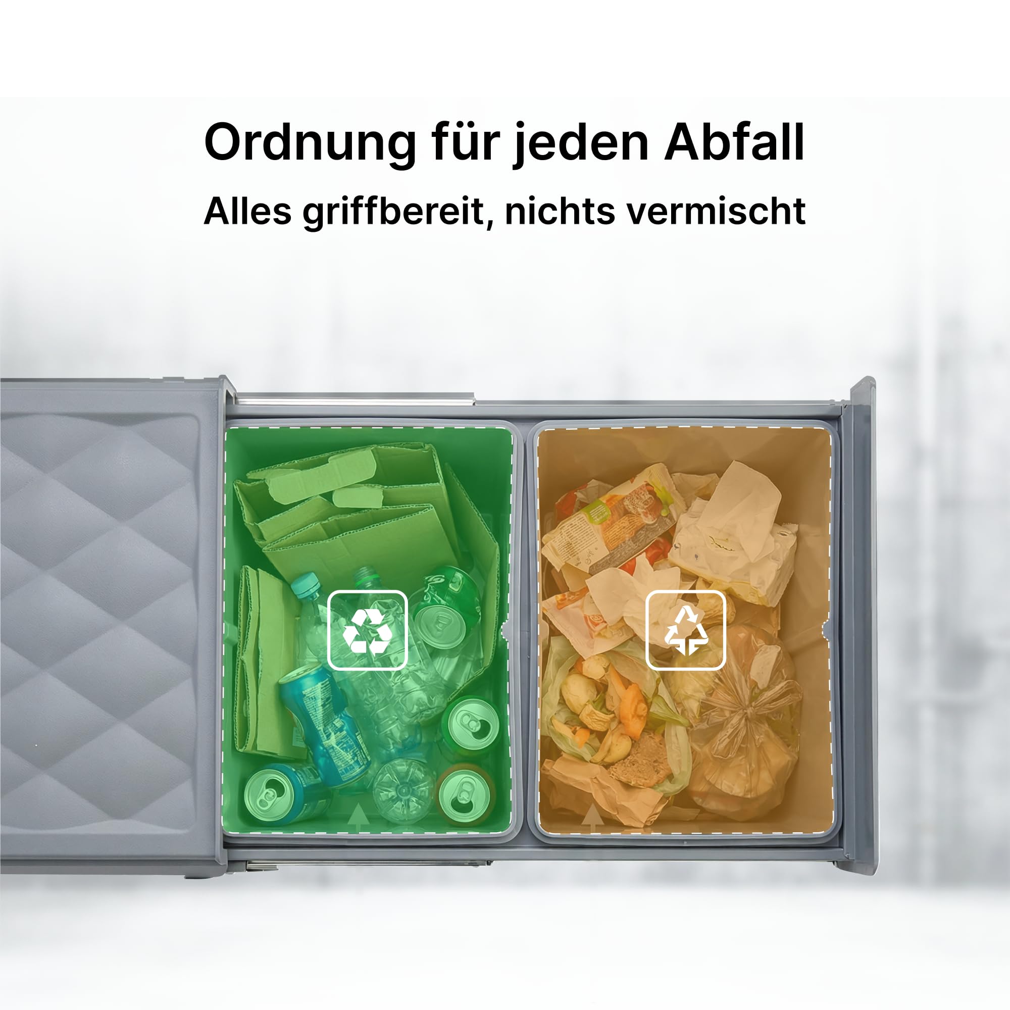 Einbaumülleimer Küche 2 Fächer (20L+10L) 48x33x35cm Mülleimer Grau | Mülltrennsystem für schmale Schränke, 5-Punkt-Verstärkung, ausziehbarer Unterschrank-Mülleimer, Abnehmbarer Deckel