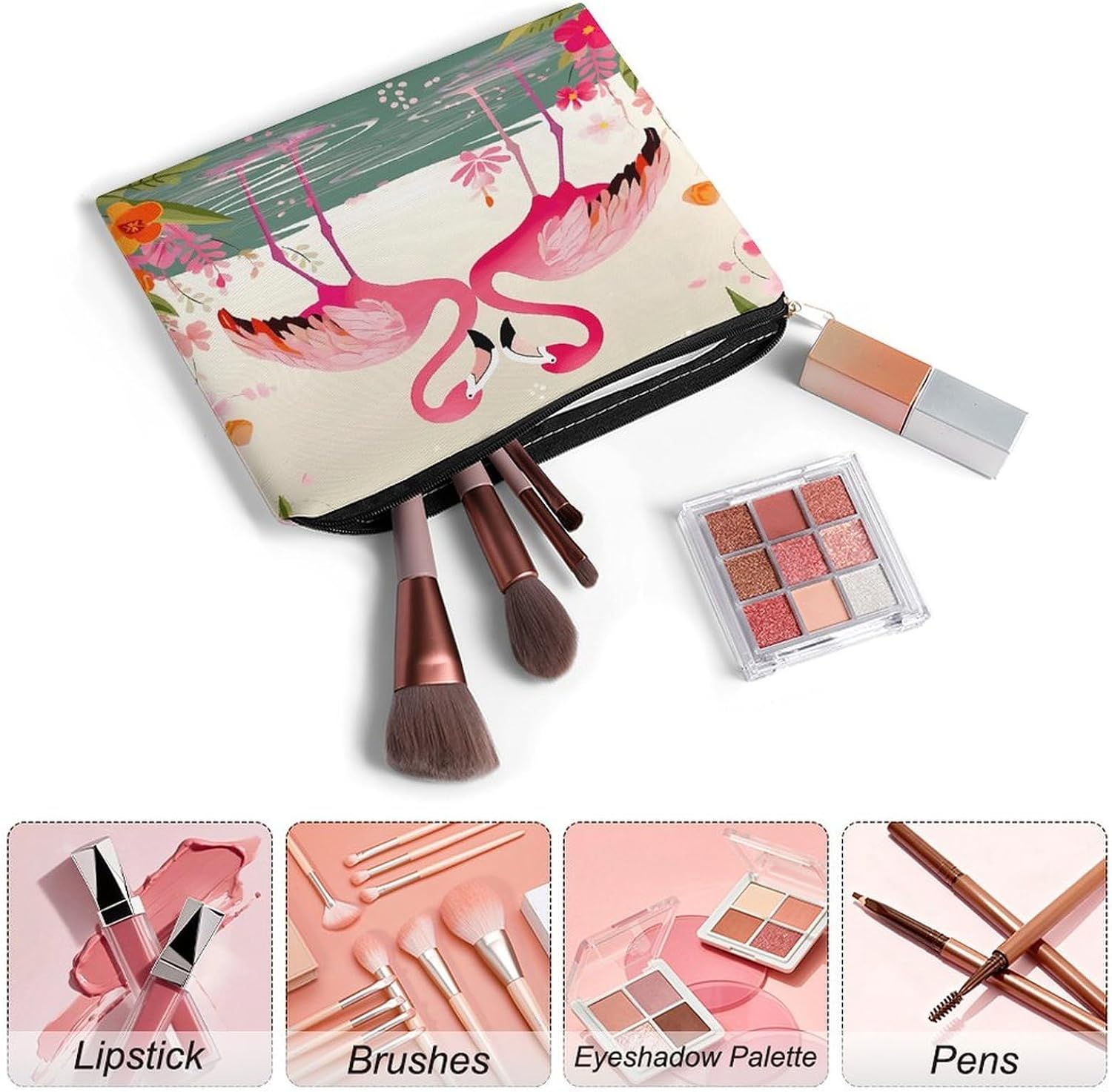 Flamingos And Flowers Makeup Bag Toiletry Bag Cosmetic Bag image 3