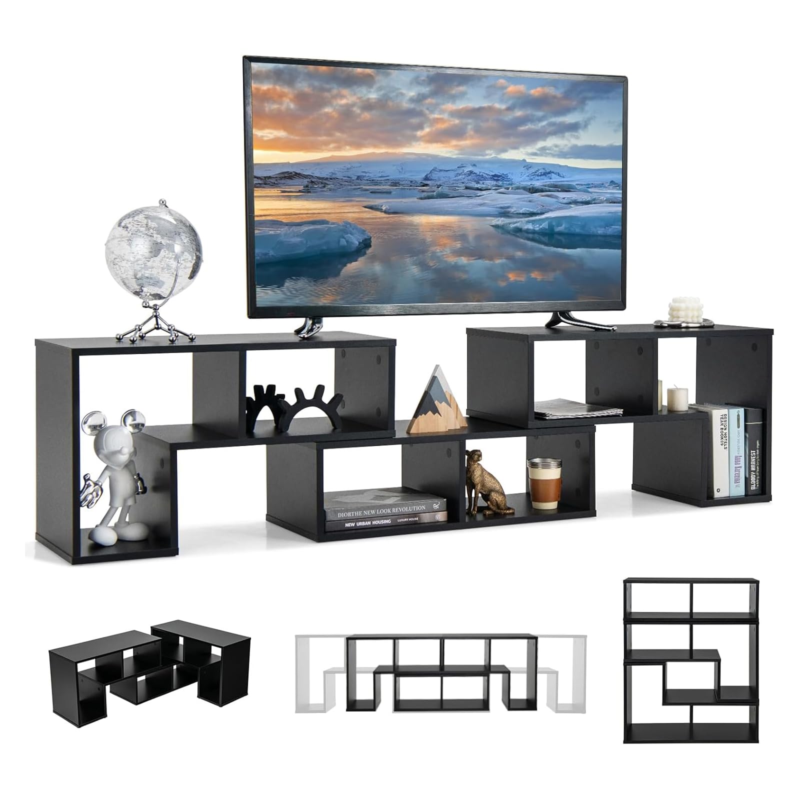 GIANTEX Fernsehschrank TV Schrank frei kombinierbar, Fernseher Regal Holz 180x30x43 cm, Sideboard TV Board Lowboard modular 3 teilig, Fernseher Schrank Fernsehtisch für 65 Zoll Fernseher, Schwarz