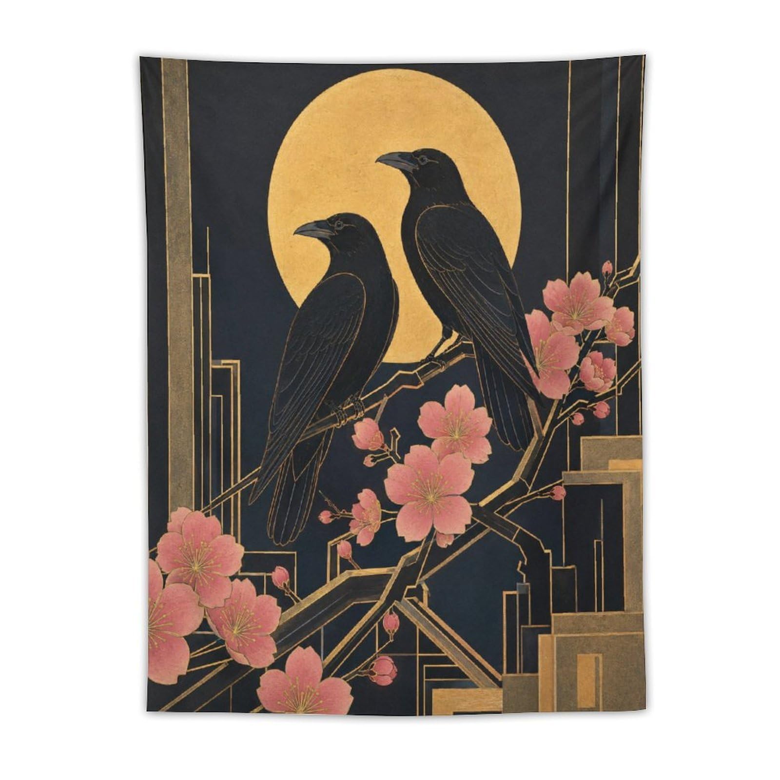 H3B8U2Y5 Raven Pair under Golden Moon Wall Tapestry, Pink Blossom