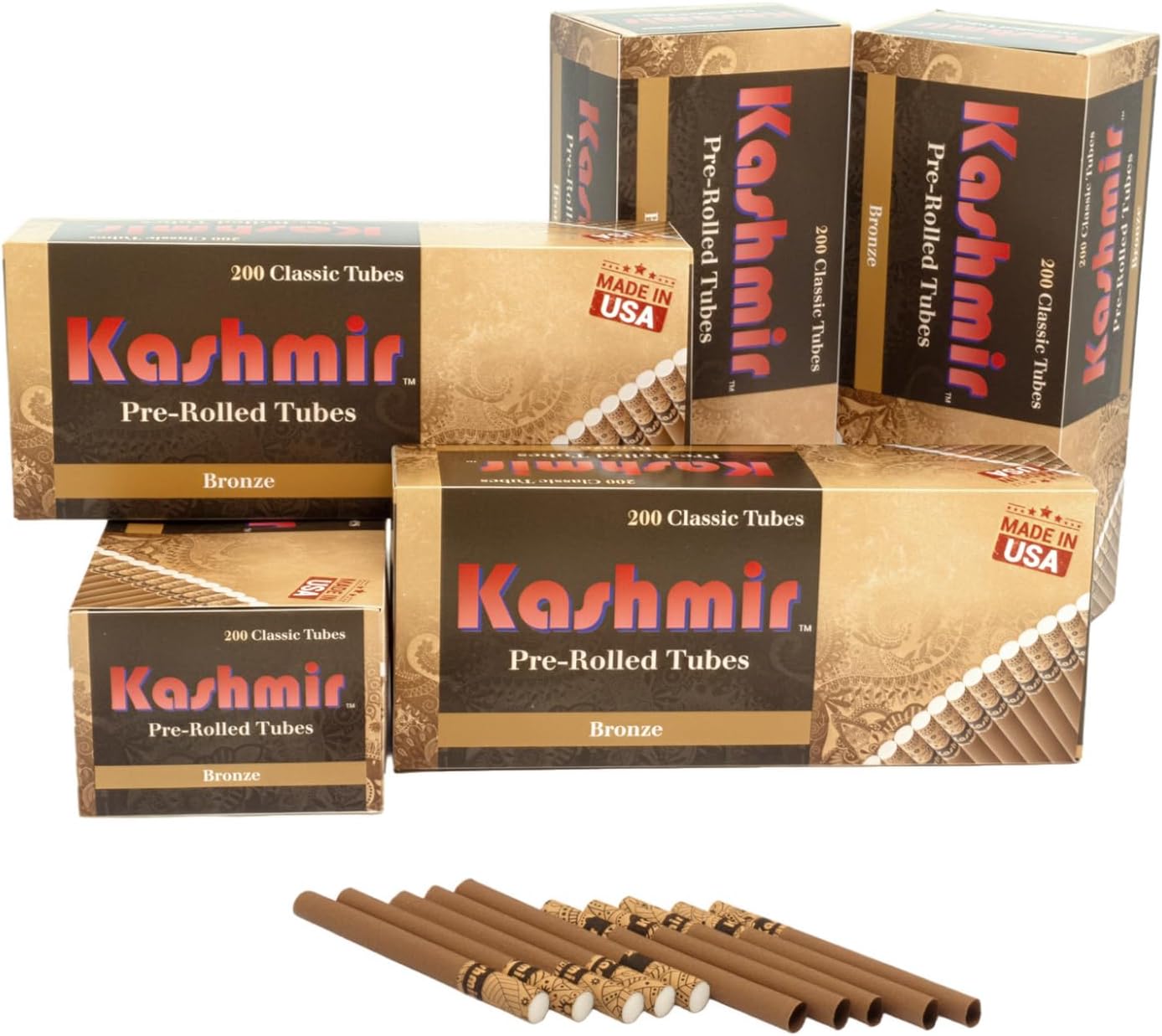 Kashmir Cigarette Tubes Bronze 84mm – 1000 Count (200 x 5 Boxes) - Empty King Size Tubes with Filters – Natural Paper Brown Cigarette Papers Tubes Compatible with Most Injector Machines – Made in USA